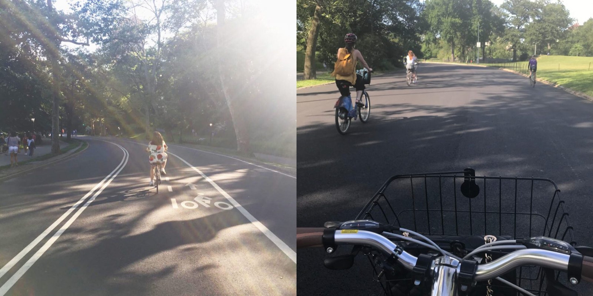 Two images of cycling through Central Park from the cyclist's point of view.