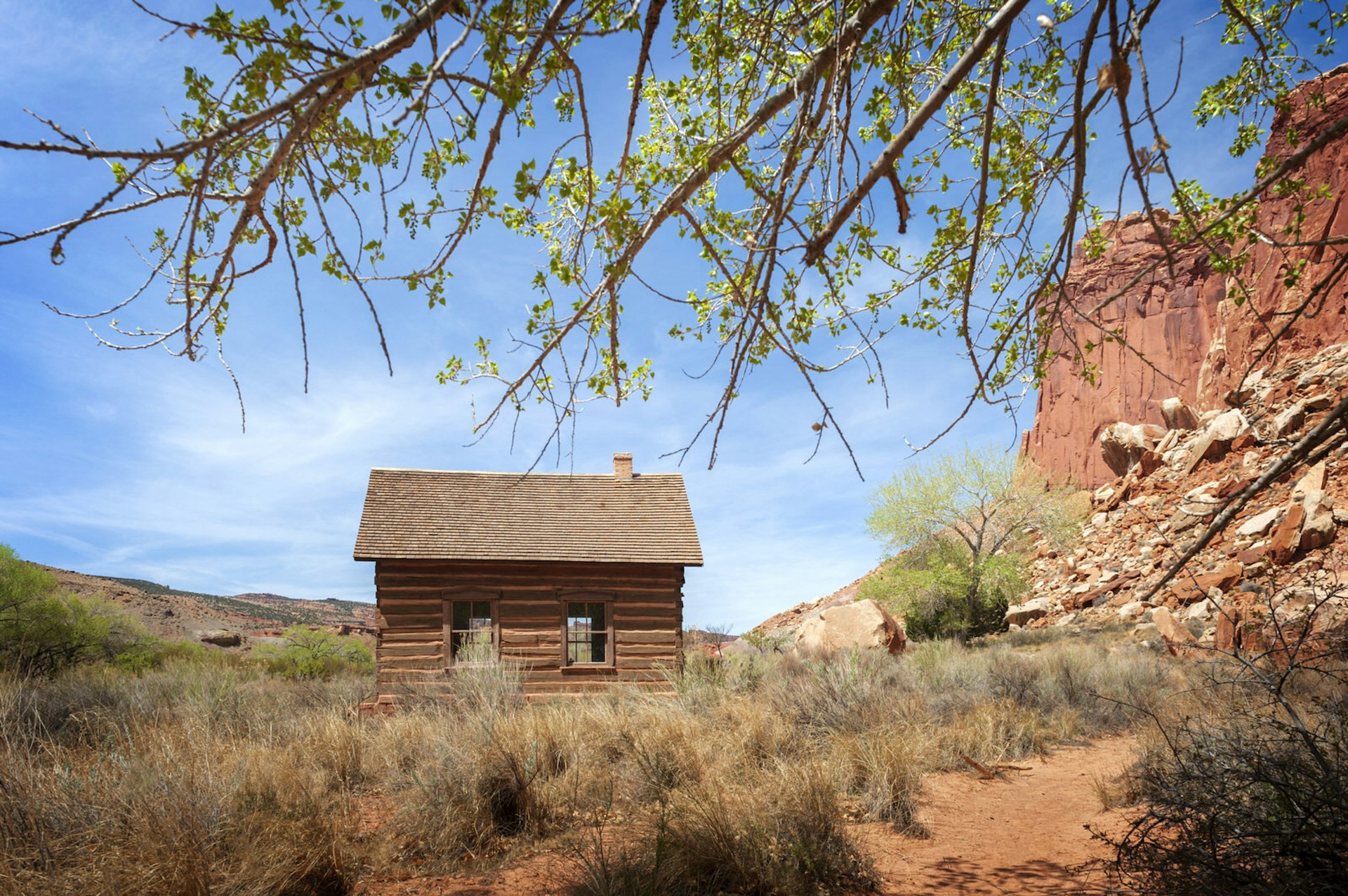 A tiny wooden cabin in the red landscape of Utah with branches overhanging in the foreground.