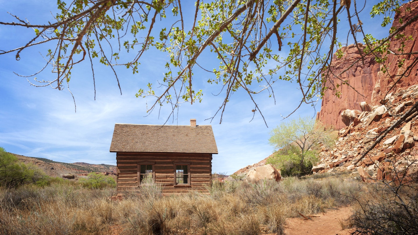 A tiny wooden cabin in the red landscape of Utah with branches overhanging in the foreground.