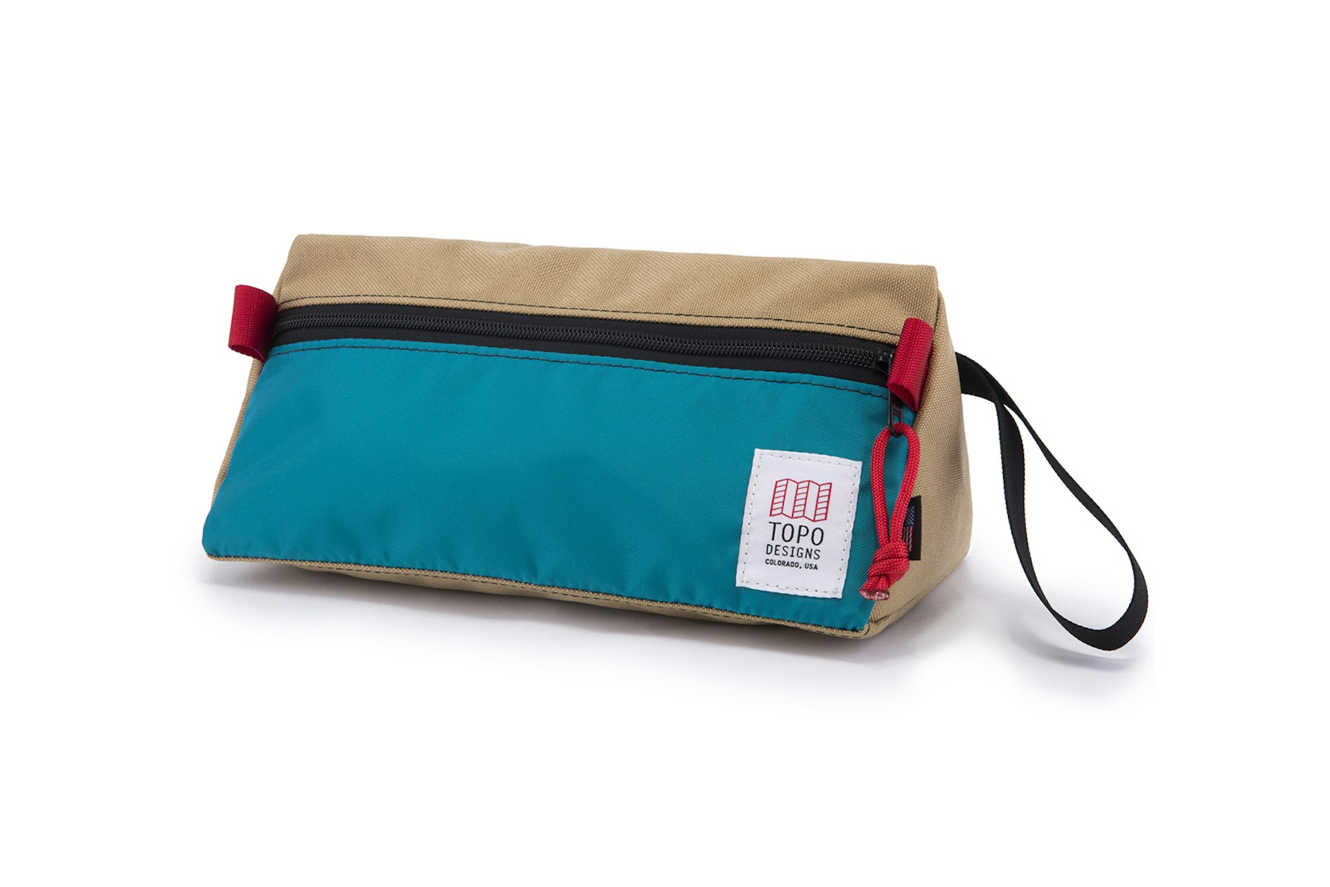 Product shot of Topo Designs' Dopp kit, in teal and canvas with red highlights; Father's Day gifts