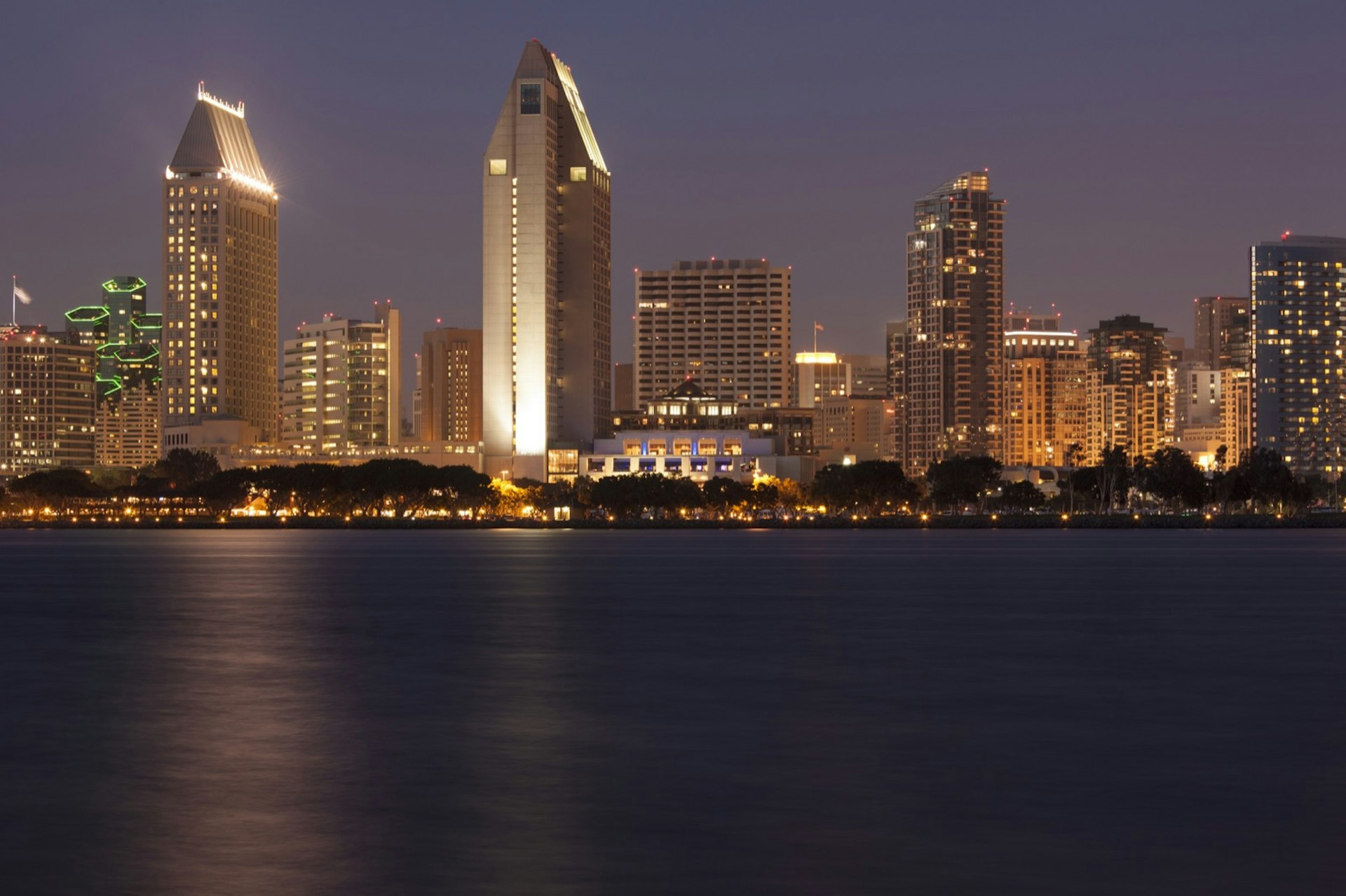 The San Diego skyline seen at night from across the bay a great city for a perfect weekend