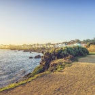 a sandy path leads past a rocky shoreline lined with wild fauna with stately homes in the background in Monterey, California