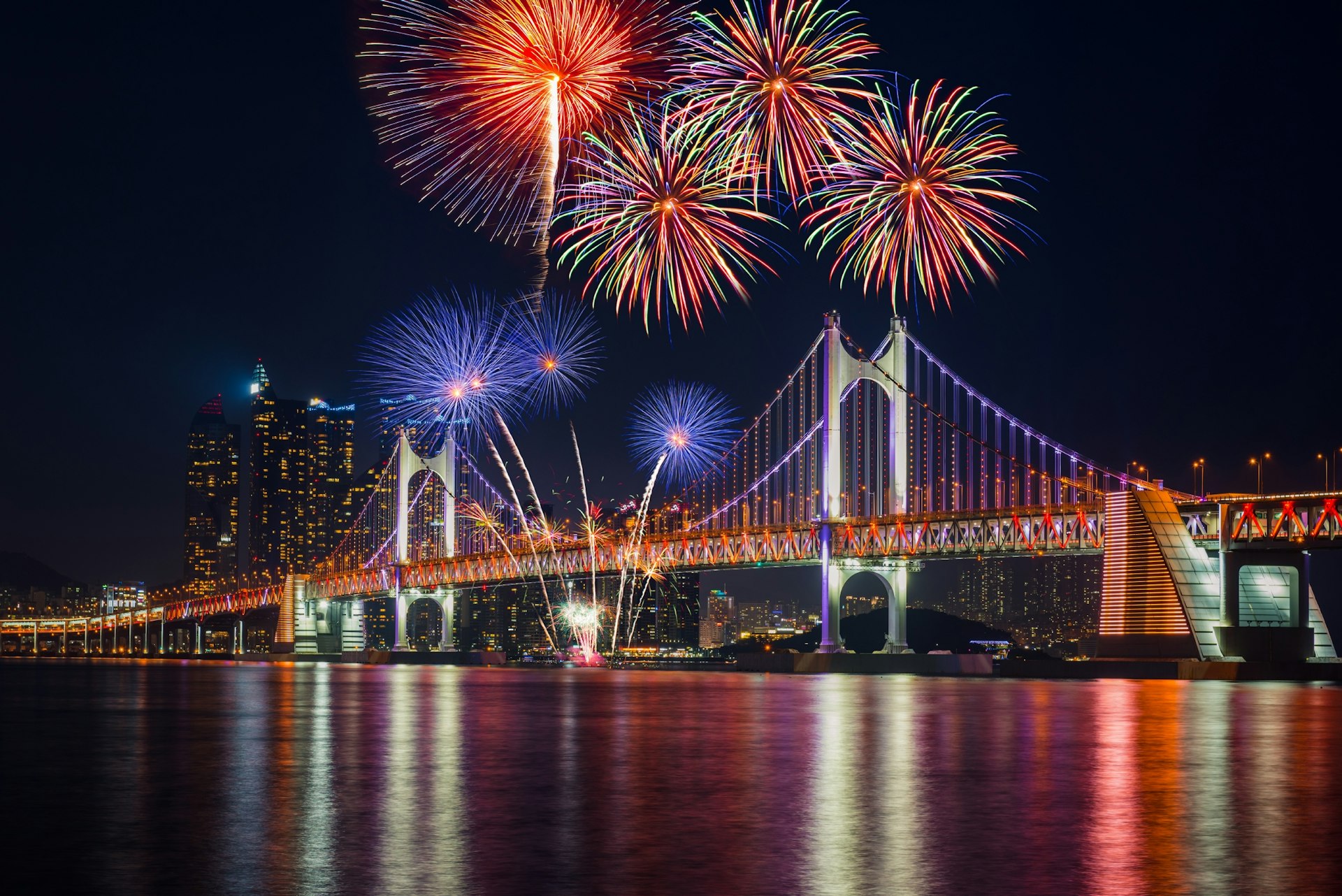 Features - Firework Display Over River At Night