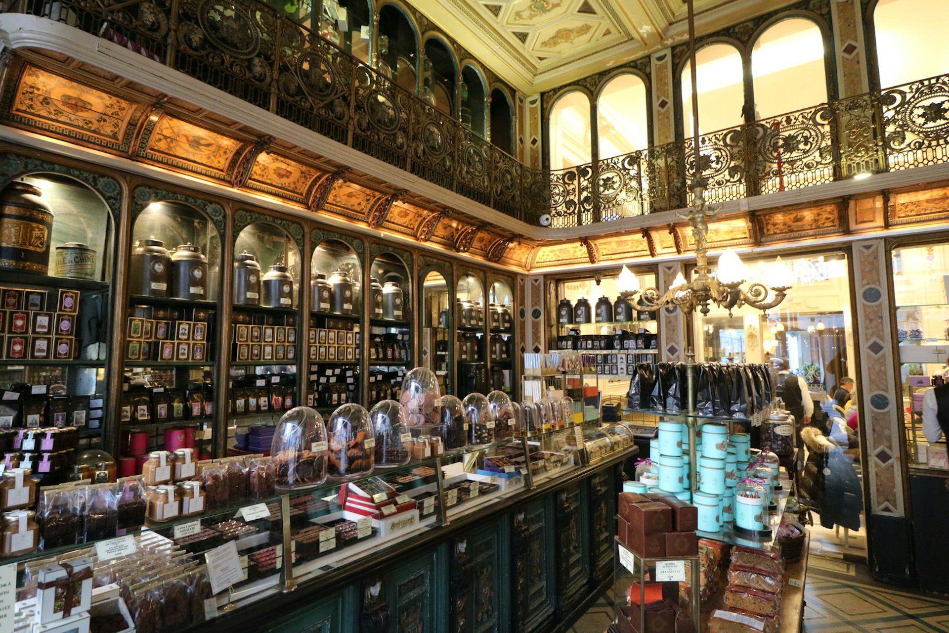 Counters and shelves are stacked with packets of chocolates in this former pharmacy building with original 19th-century features