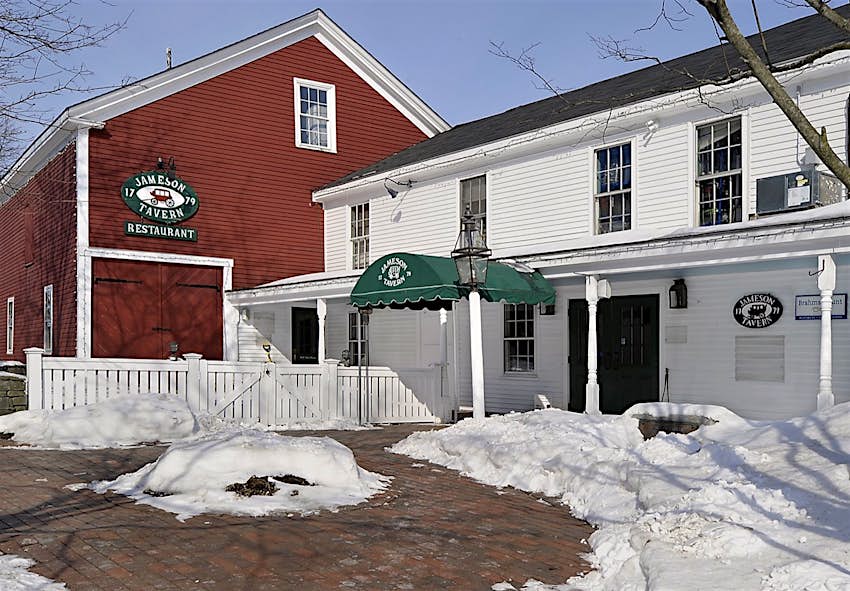 Features - Exterior of Jameson Tavern in Freeport with detail of plaque. Exterior of Jameson Tavern in Freeport with detail of plaque. It's one of several historic taverns in the Eastern US