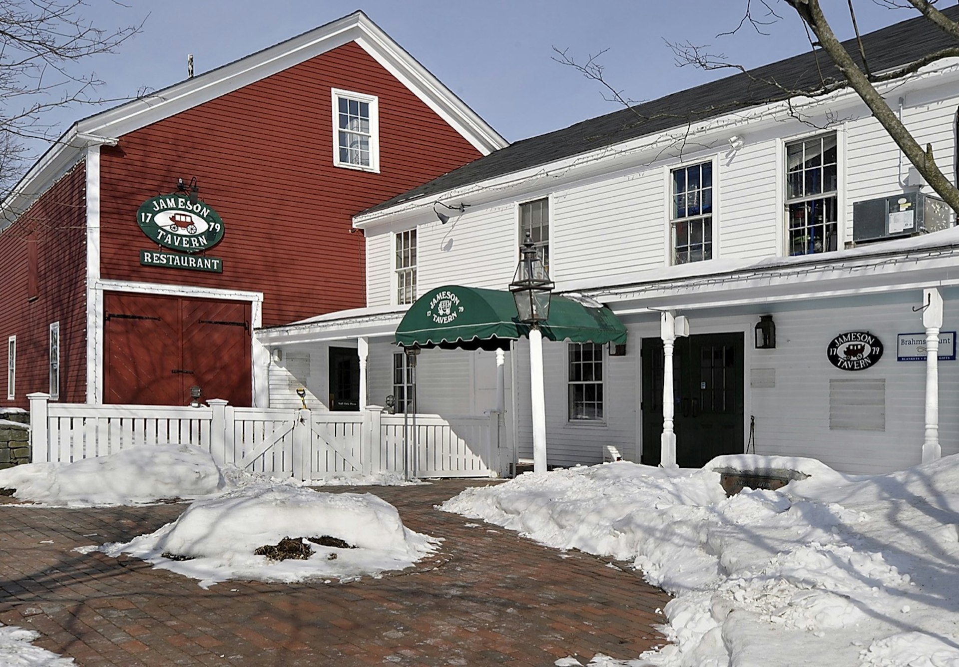 Exterior of Jameson Tavern in Freeport with detail of plaque. It's one of several historic taverns in the Eastern US