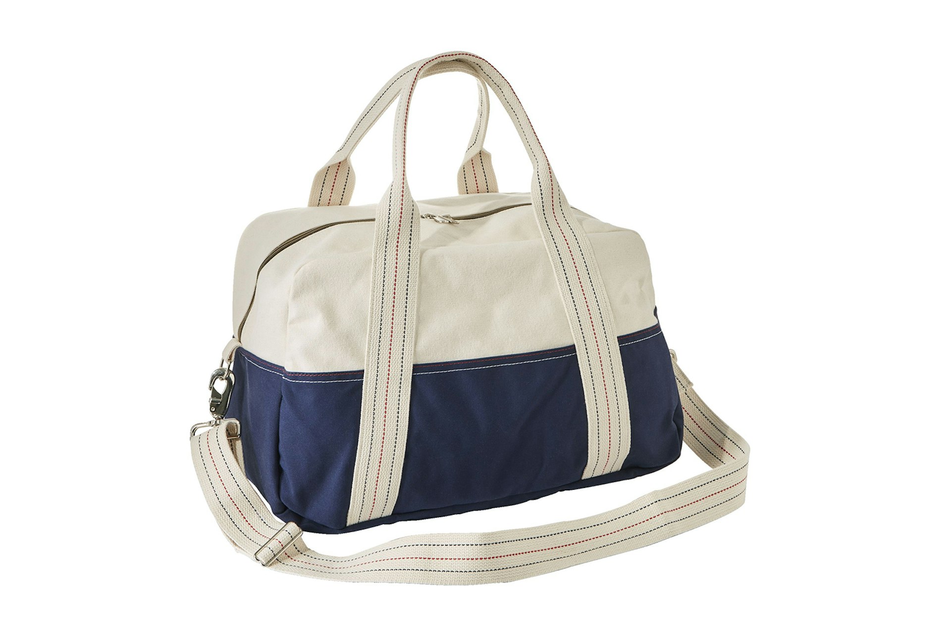Product shot of the LL Bean duffle, in blue and canvas against a white background; Father's Day gifts
