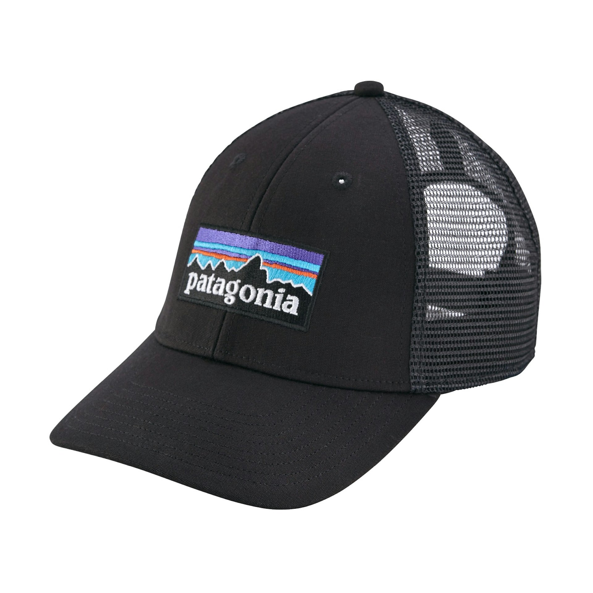 Black brimmed hat with mess back and Patagonia logo