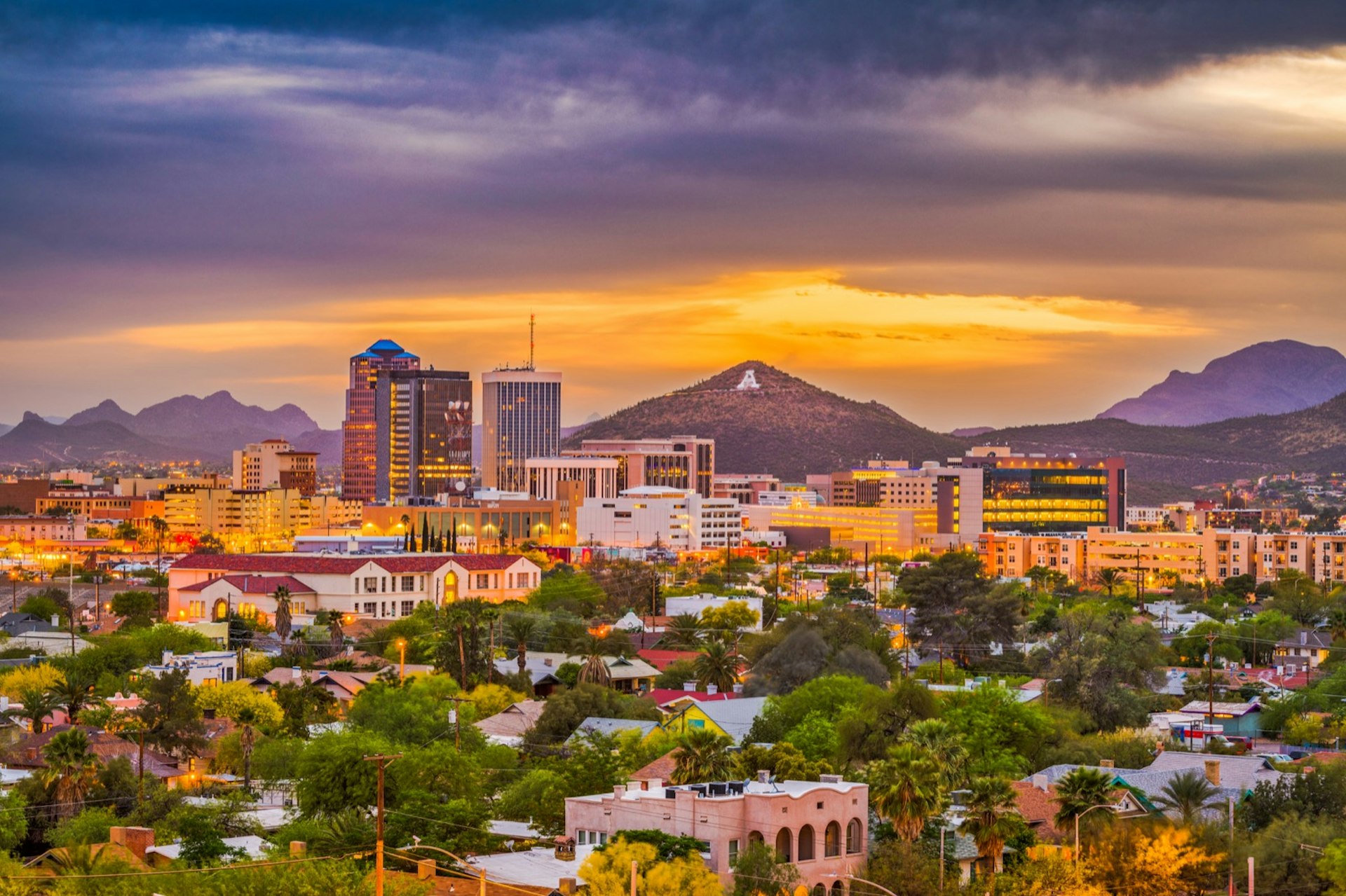 Tucson, Arizona, downtown skyline with Sentinel Peak at dusk. 