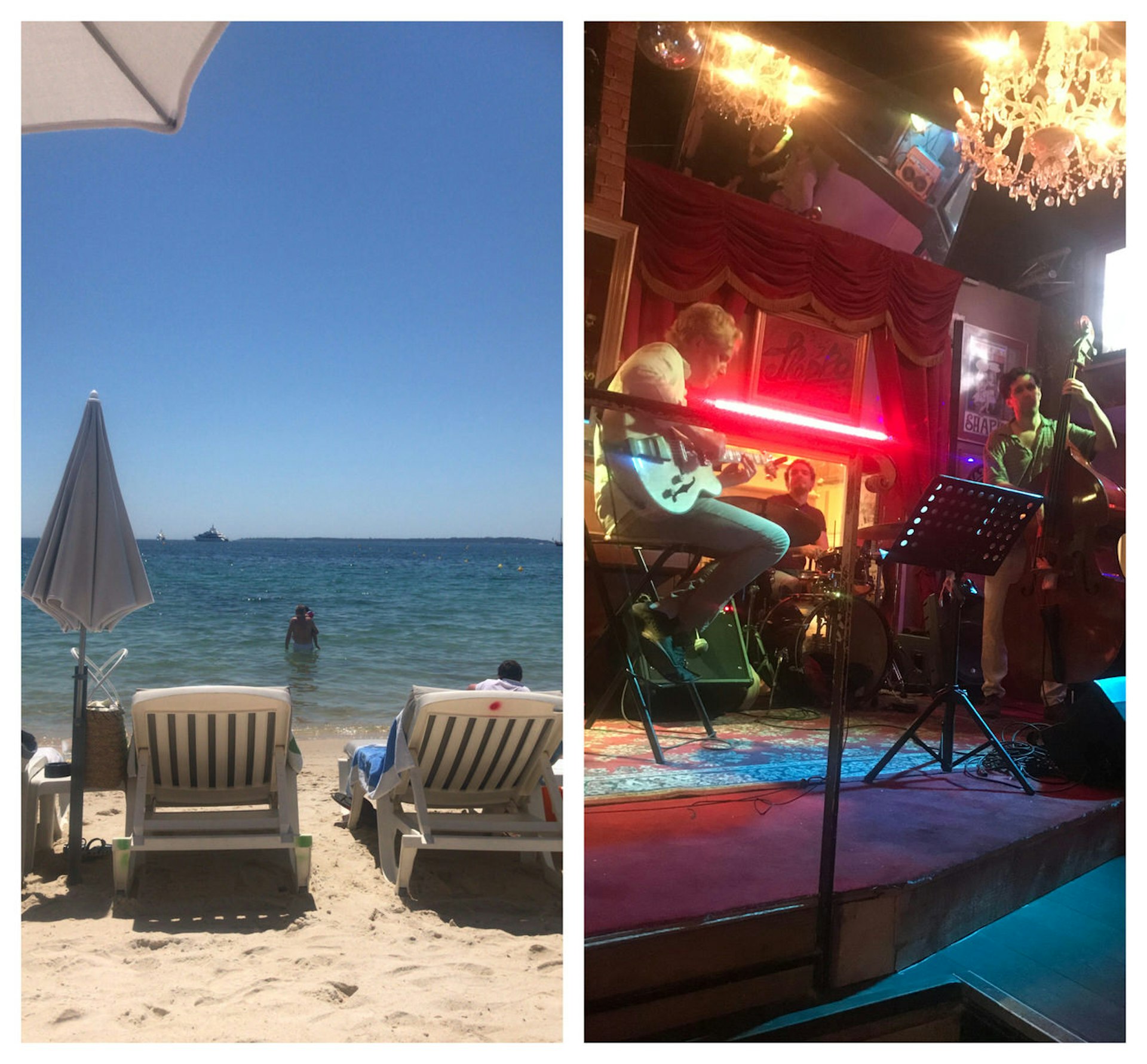 On the left is Antibes beach with two lounger chairs and an umbrella in front. Two people are in the water and the sand is fine and clean. On the right, three musicians are on stage, one with a double bass, one with guitar and one on the drums. There's a carpet on the stage and a chandelier hanging from the ceiling.