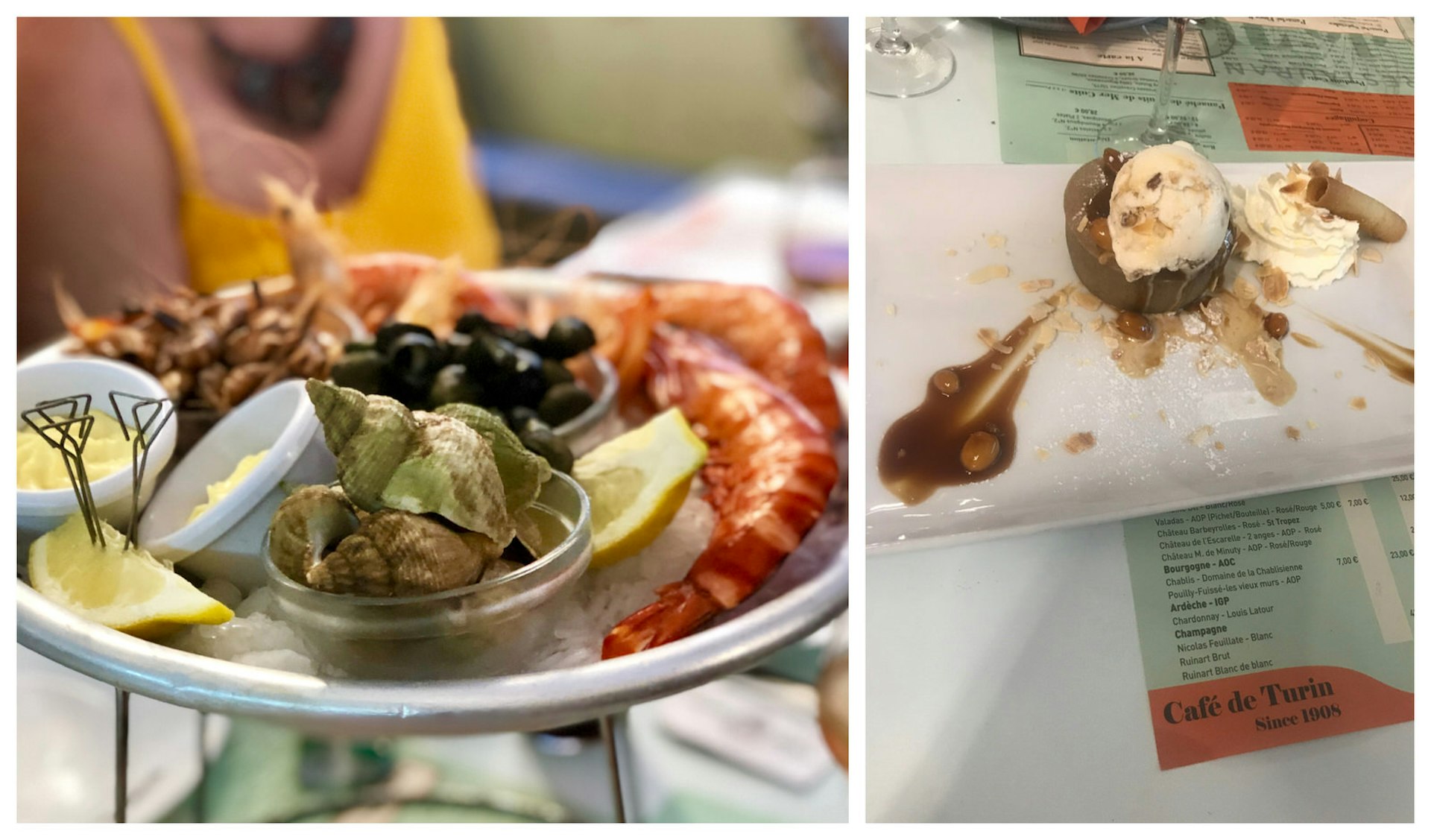 On the left is a close up of a seafood platter with prawns and sea snails, on the right a grey hazelnut dessert with ice cream on top and cream on the side.