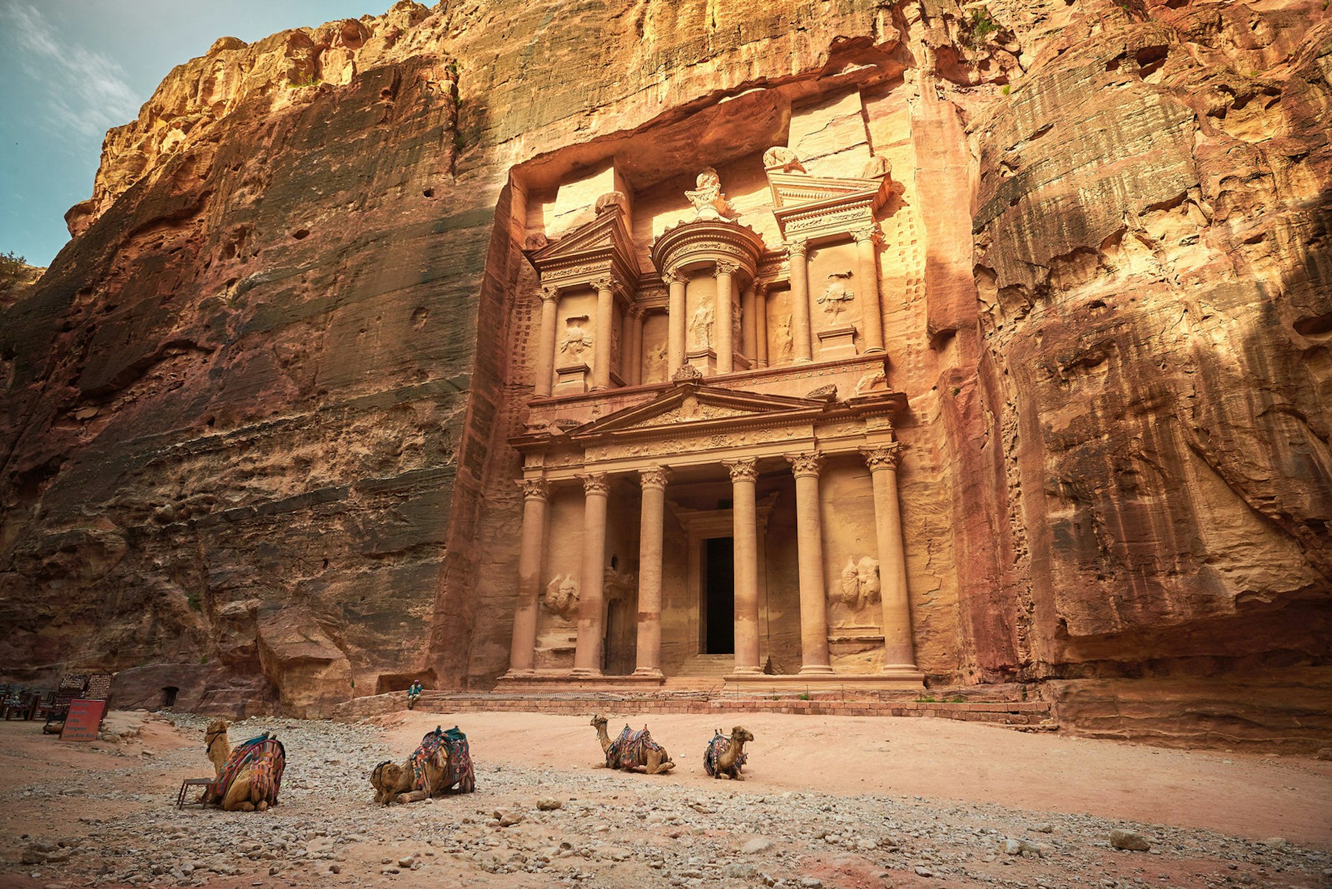 Camels rest in front of Al Khazneh, the Treasury, Petra, Jordan