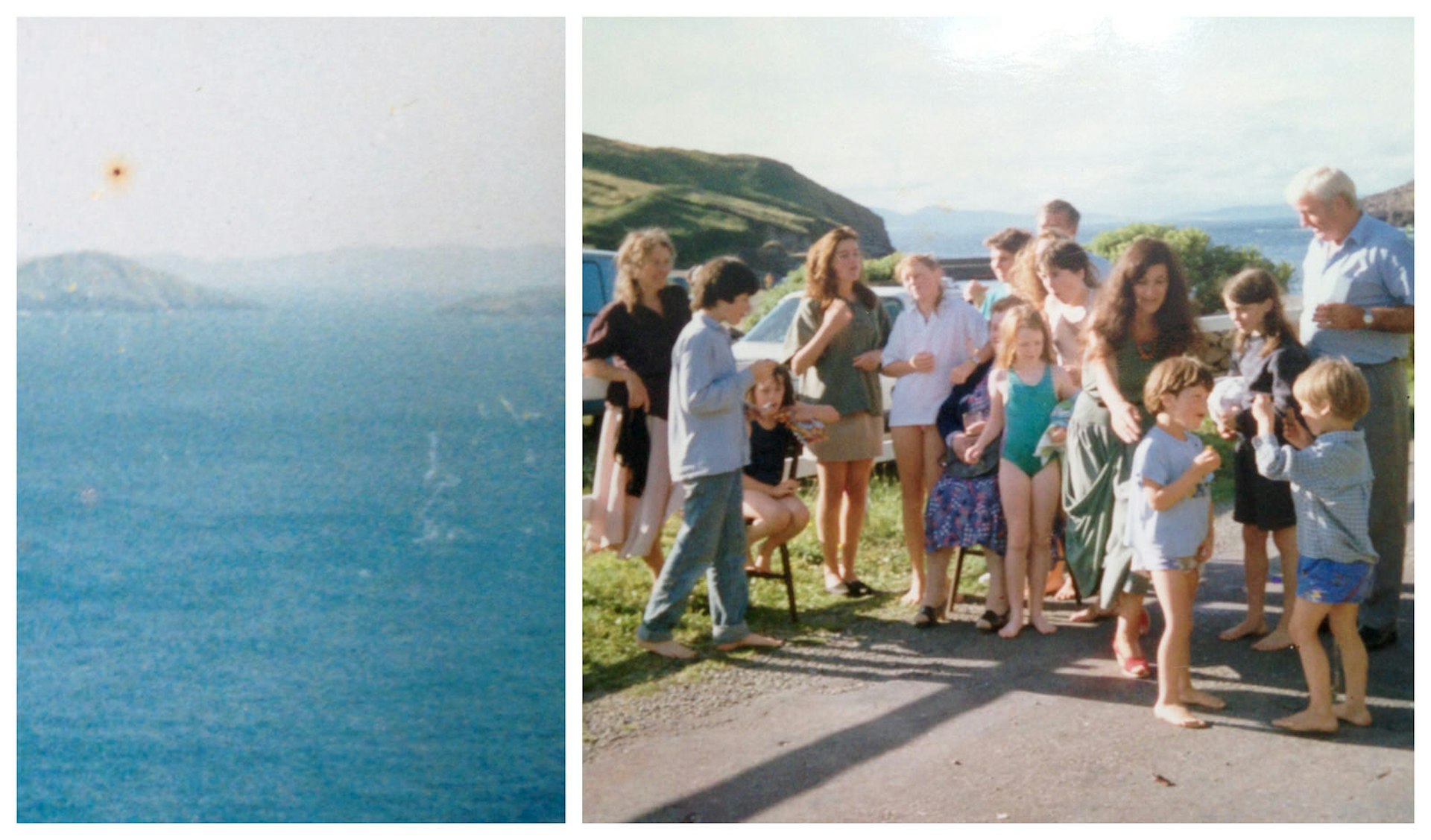 The left of the picture shows a grainy old close up of a bay in Kerry, the right shows a family of 15 people on a sunny day in Kerry posing for a picture.