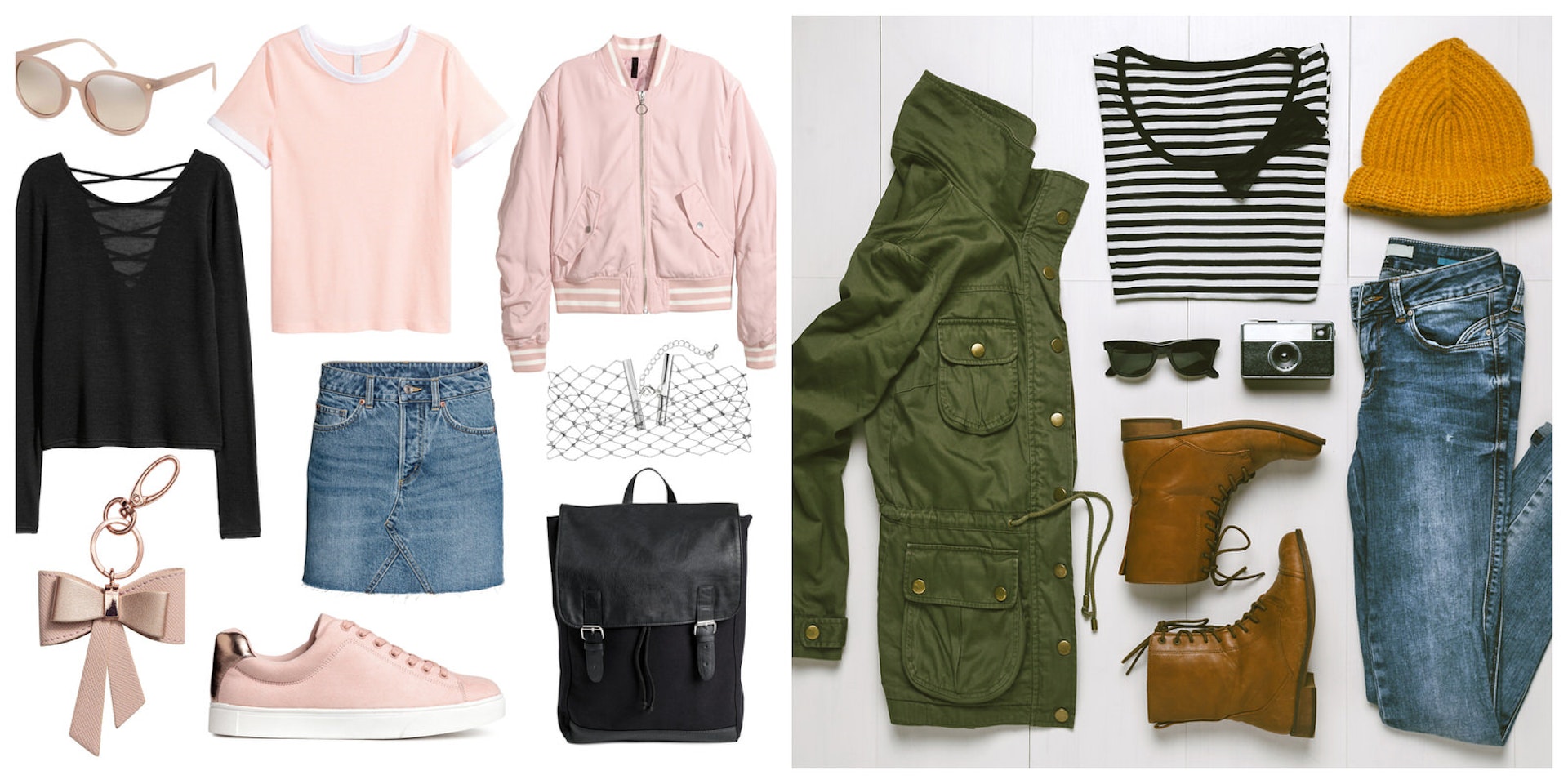 On the left is a picture of a black long sleeved top, black backpack, denim midi-skirt, pink trainer, t-shirt and jacket, sunglasses and key chain. On the right is an olive parka, striped t-shirt, brown boots, blue jeans, yellow wooly hat and black sunglasses – good options for Ireland