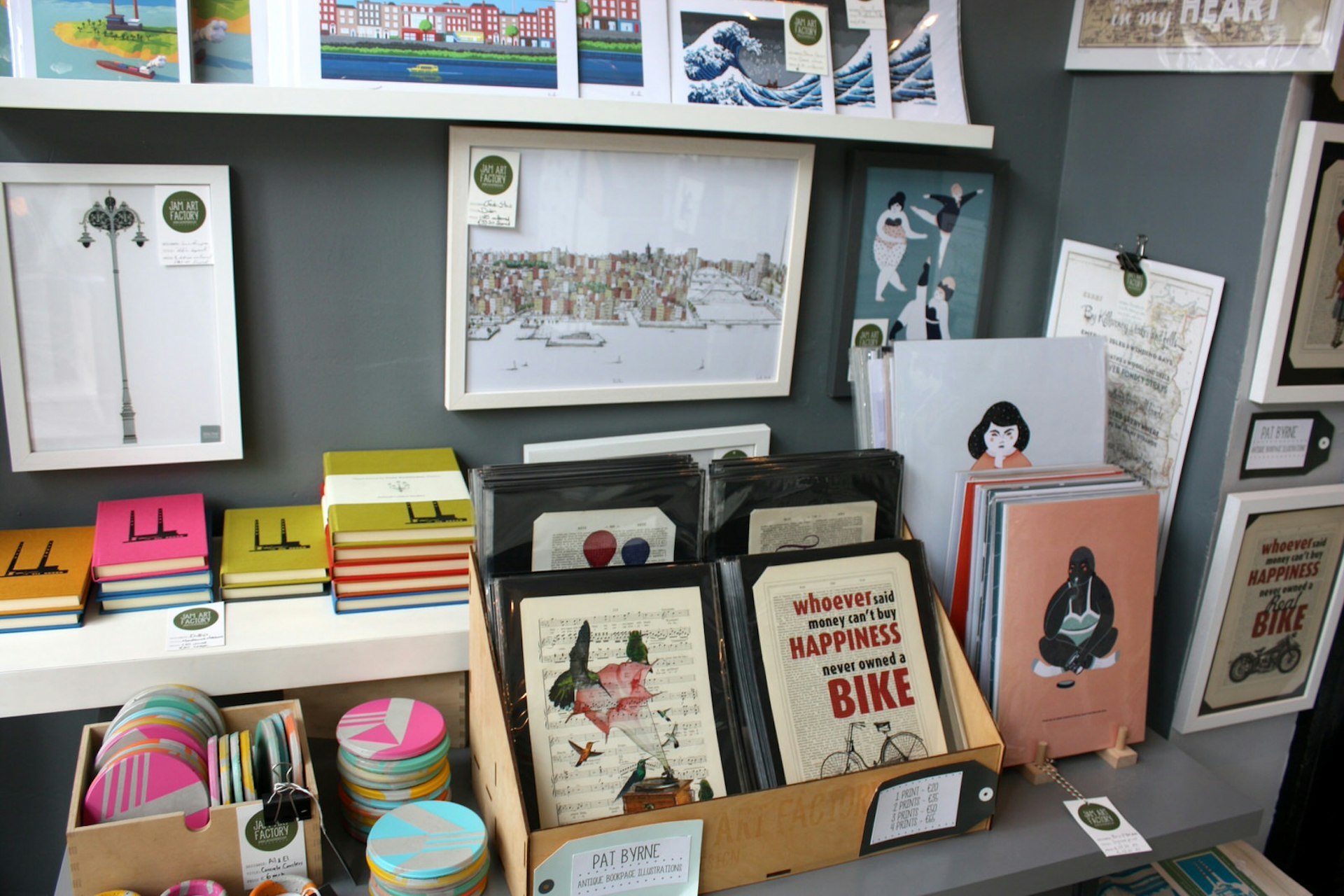 Dublin independent shops - a close shot of products on sale at Jam Art Factory showing prints and artwork