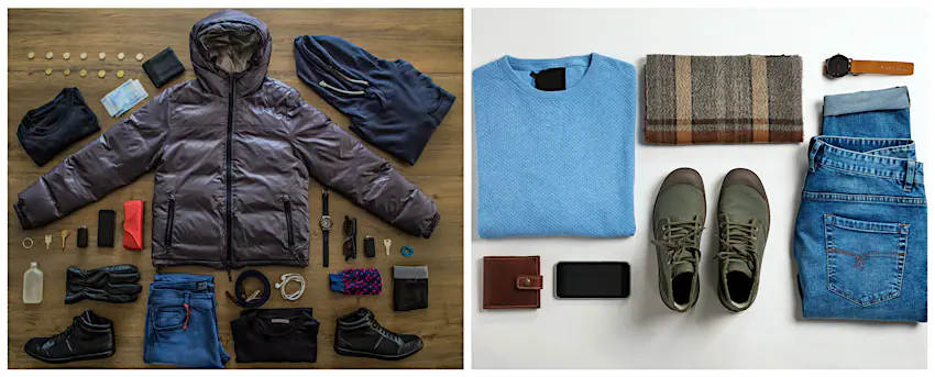 Features - menswear-ireland-carry-on-bag-items-6379af30347e On the left, a spread of clothes with a black puffy jacket, two black t-shirts, gloves, blue jeans, black boots, socks, headphones, hoodie, aftershave and headphones. On the right a blue sweater, plaid scarf, olive shoes, blue jeans, brown wallet, watch and phone