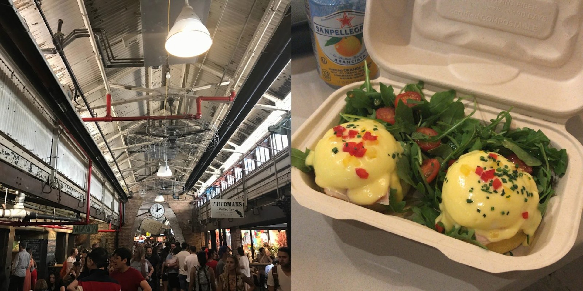 Two images: the right image is an interior shot of Chelsea Market with people milling around the various dining options. The left image is a close up of eggs benedict in a carton from Sarabeth's Bakery. A can of San Pellegrino sits to the left of the container.