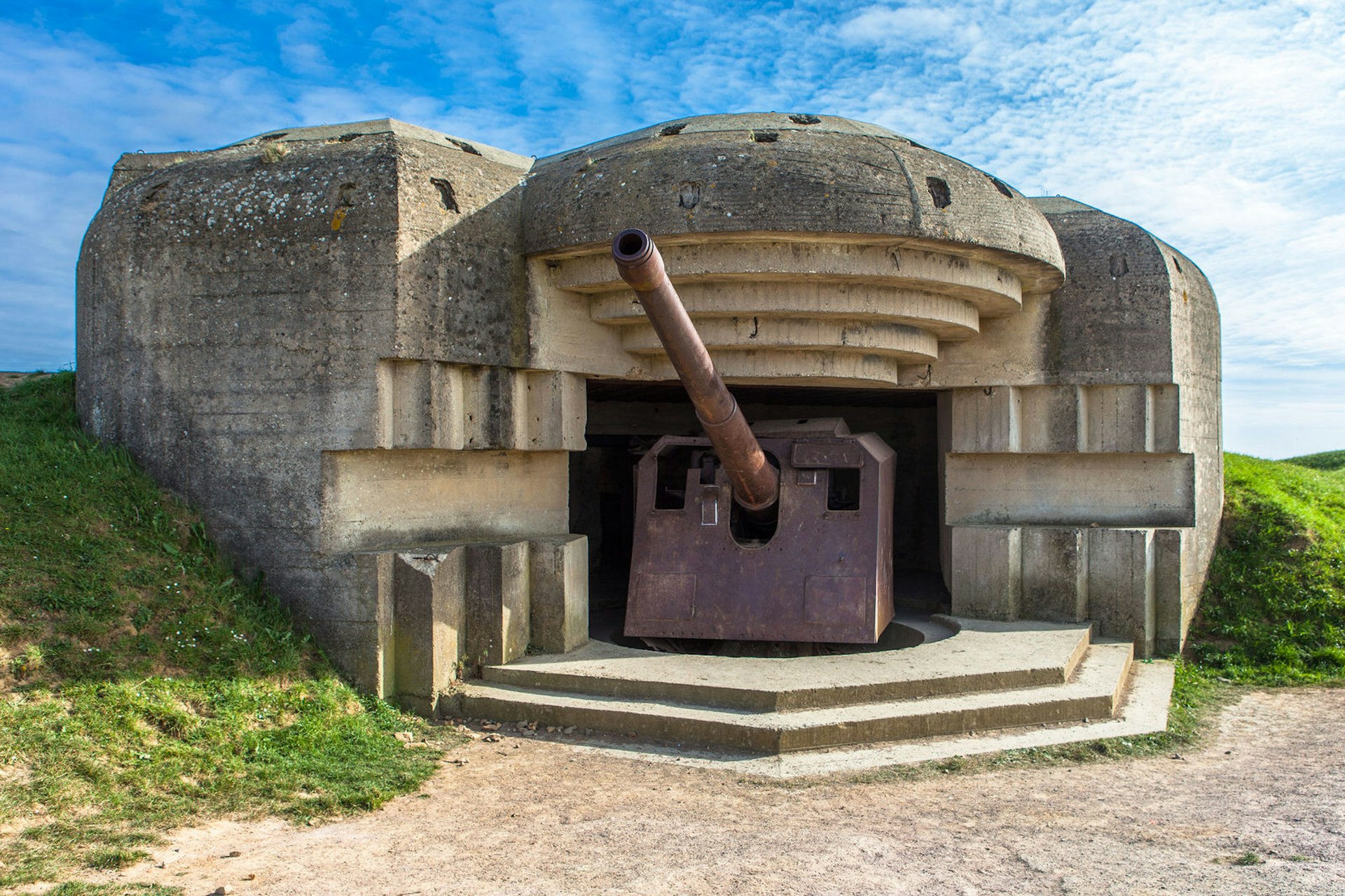 A big concrete gun emplacement at Omaha Beach in Normandy
