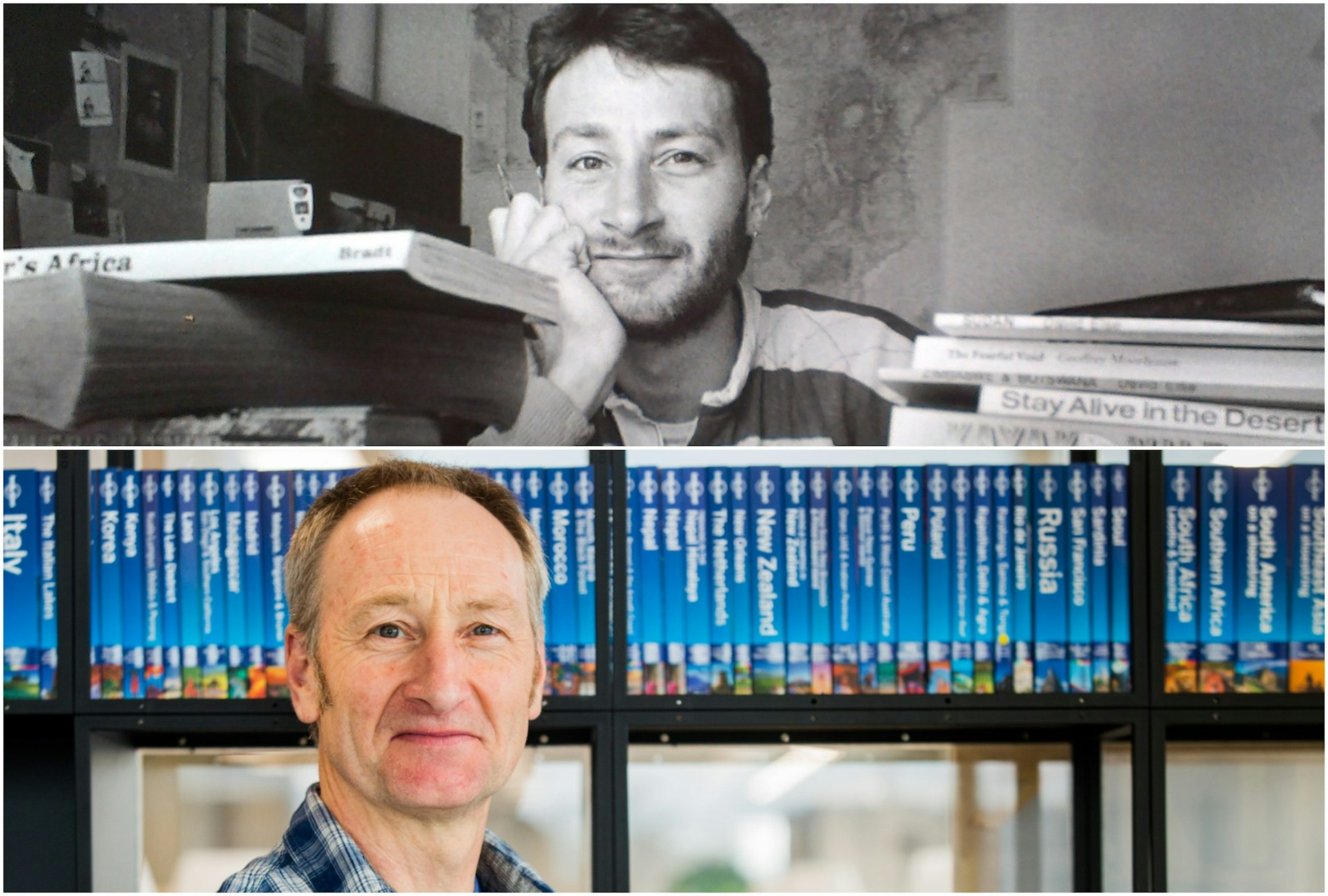 David Else at his writing desk in 1987 and below in the London Lonely Planet office in 2017