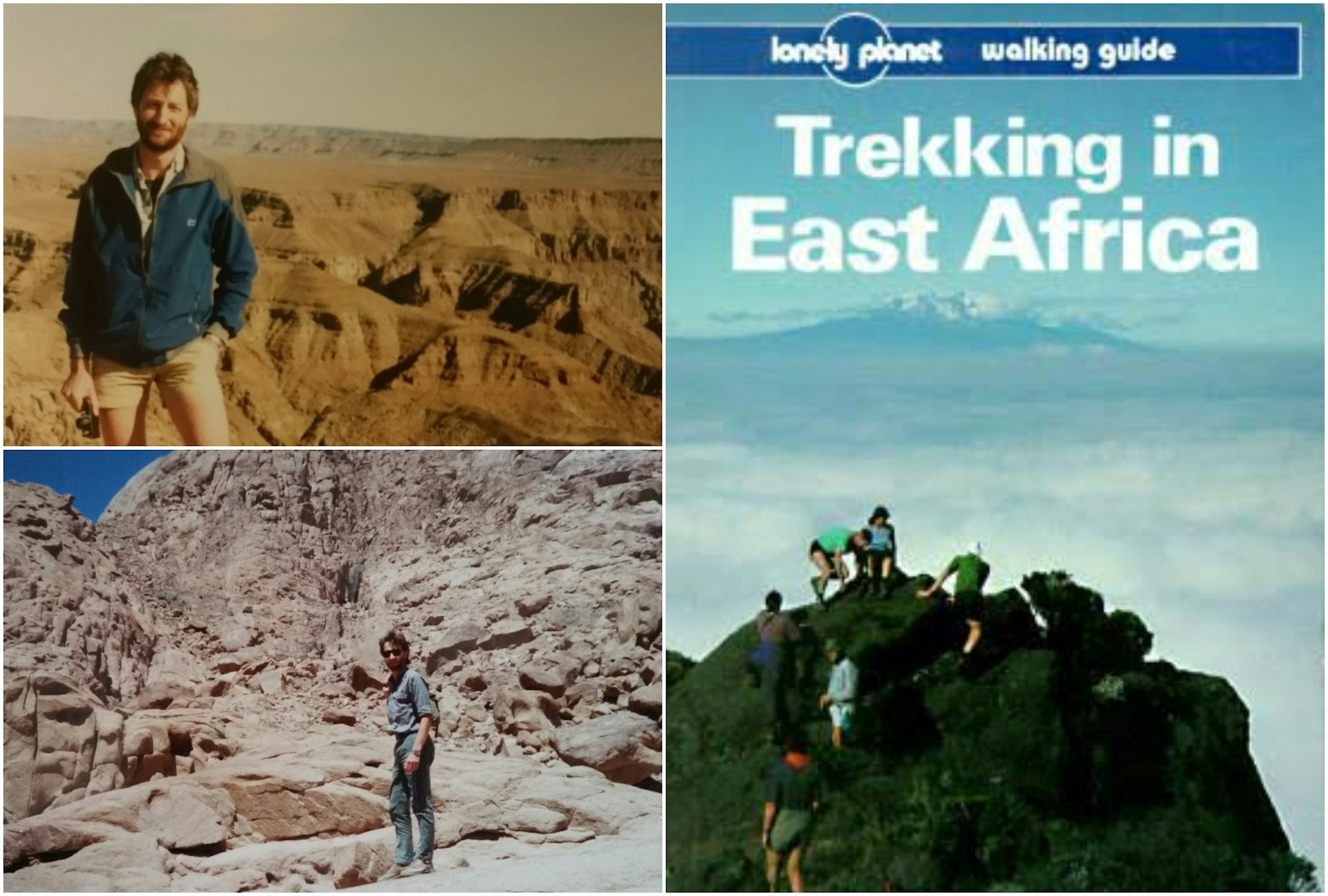 (Clockwise from left) David in Namibia in 1991; Lonely Planet's Trekking East Africa guidebook and David in Egypt in 1989