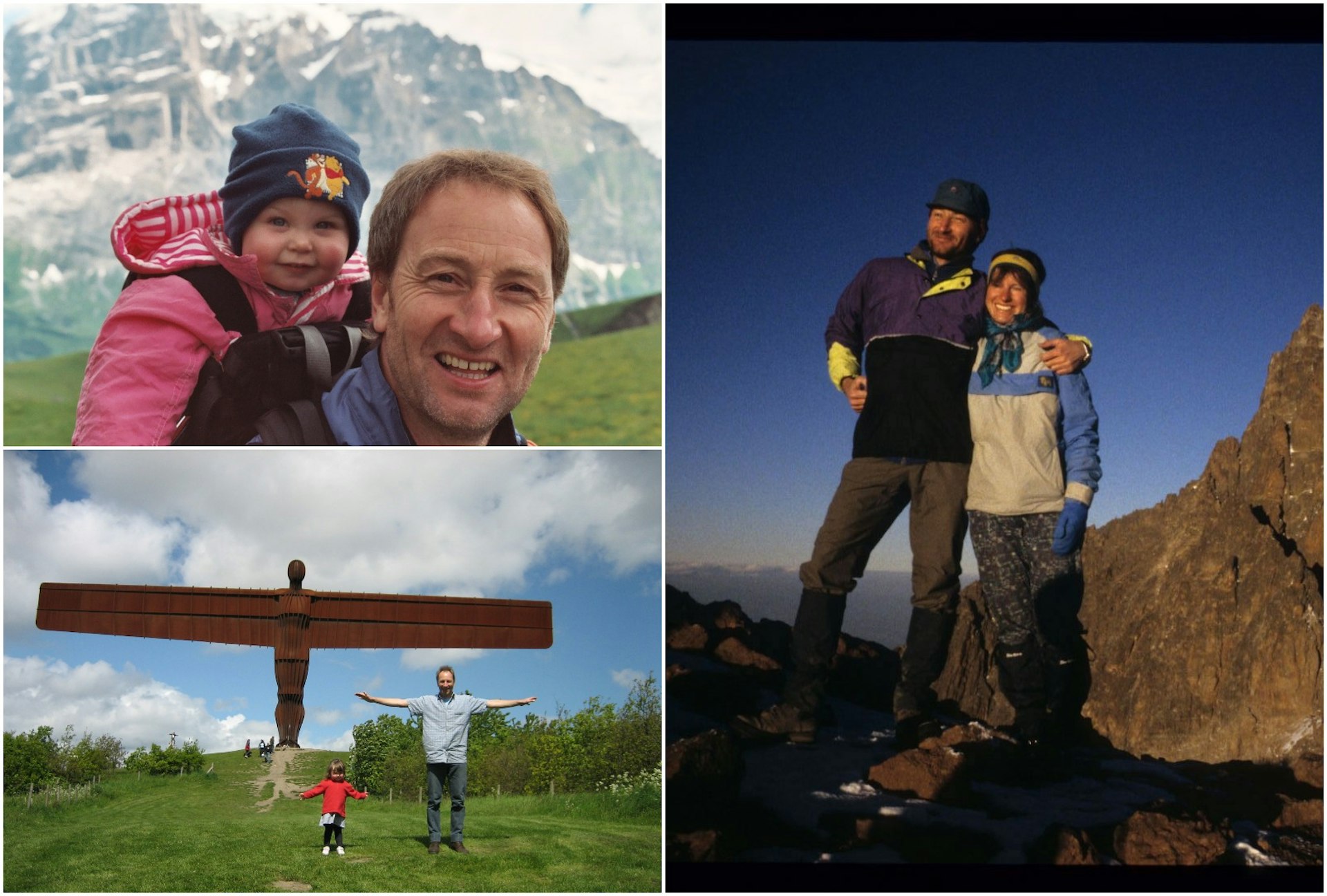 (Clockwise from left) David and his daughter hiking in Switzerland in 2007; with his wife Corinne on Mt Kenya in 1993 and with his daughter researching the England guidebook at the Angel of the North in 2005