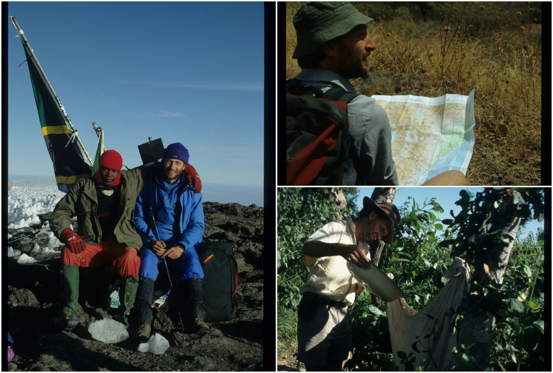 (Clockwise from left) 1993 David Else & local guide Matthew on summit of Kilimanjaro; 1993 David Else exploring the Rift Valley between Kenya and Tanzania in 1993; building a makeshift fridge in the bush in Botswana in 1996
