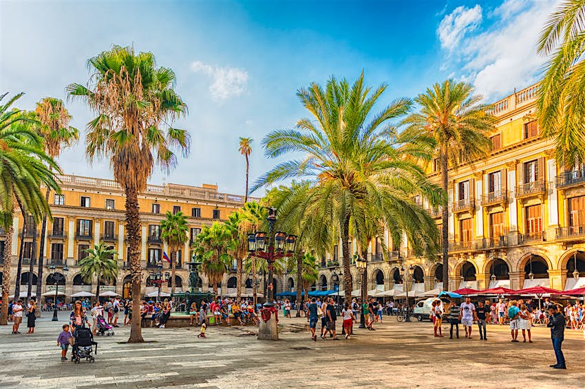 Plaça Reial in Barcelona in the late afternoon sun: people are walking round the large paved square, which is dotted with palm trees; restaurants, bars and nightspots lie beneath the arcades of 19th-century neoclassical buildings.