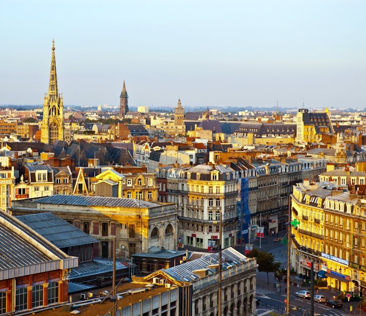 The sun glows on rooftops, spires and the facades of Lille's buildings during the late afternoon