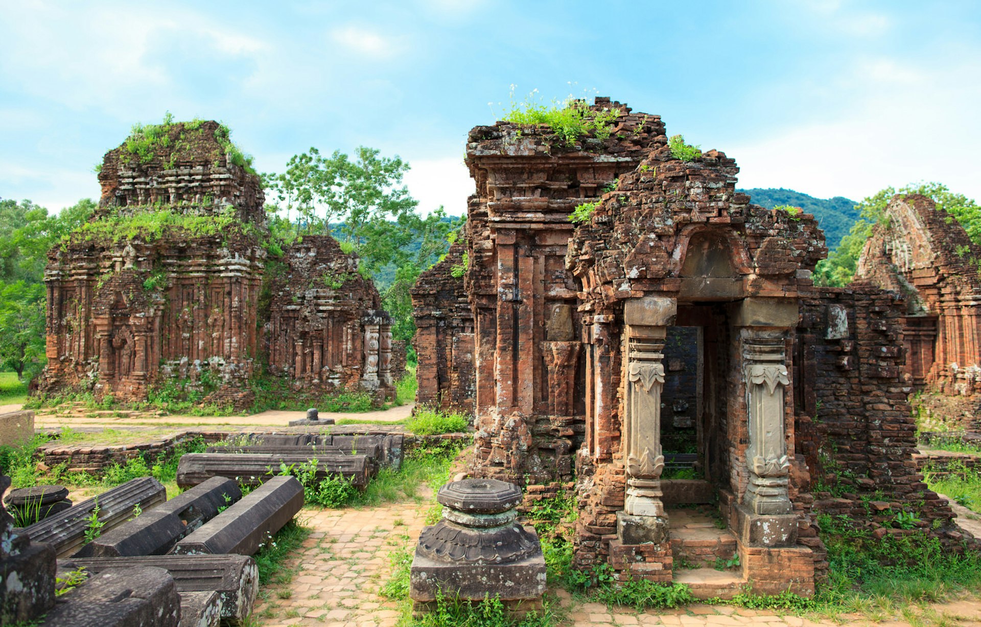 The remains of some columned temples, with plants growing from the top of them can be seen at the Cham ruins near Hoi An