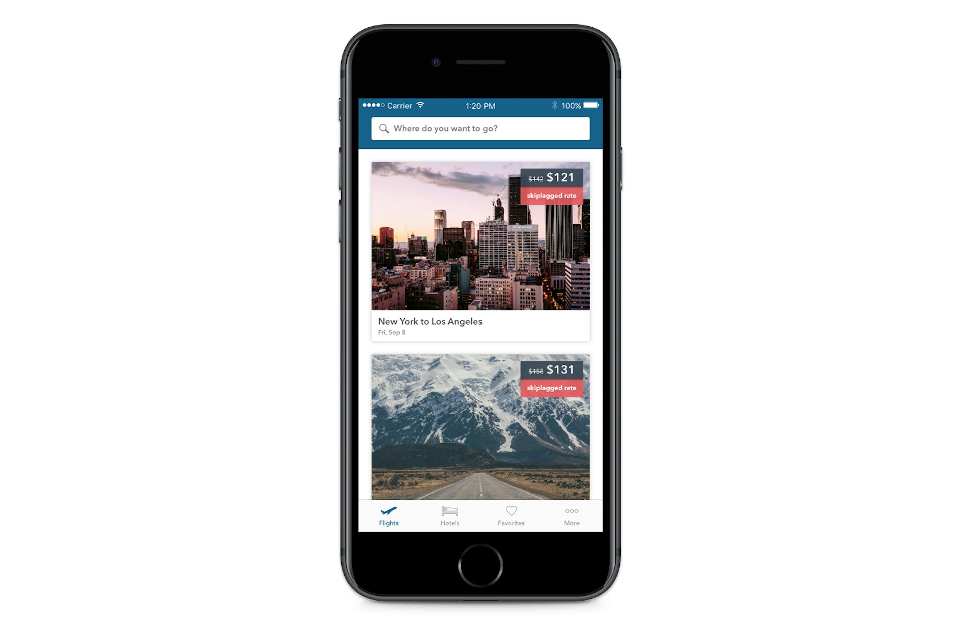 Product shot of Skiplagged's homepage; best apps for budget travel