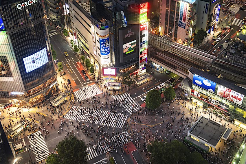 High-angle view of the Shibuya Scramble Crossing at night, with hundreds of people crowding the famous street crossing