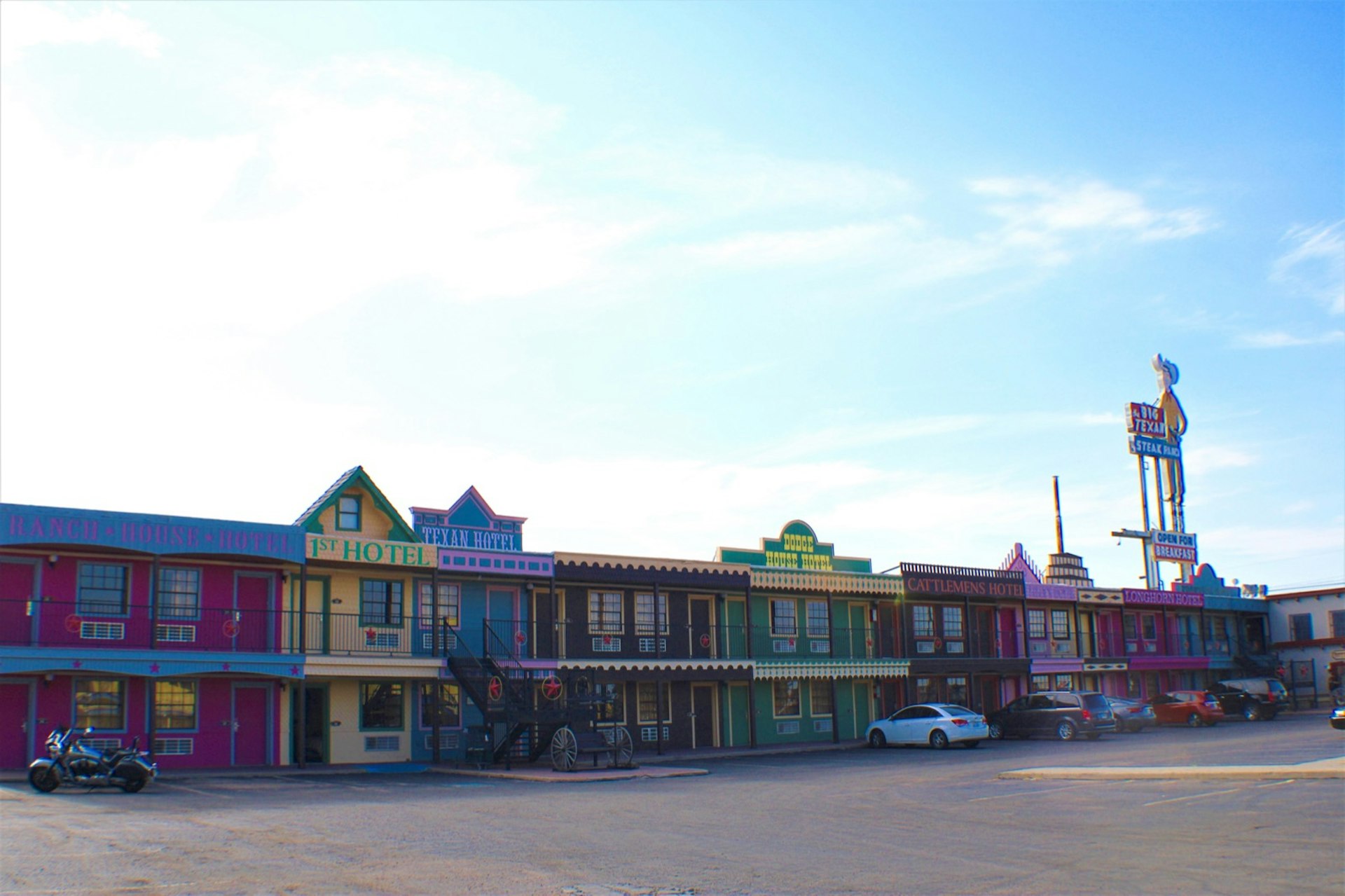 Exterior of the Big Texan, made up to look like an Old West town with brightly colored facades