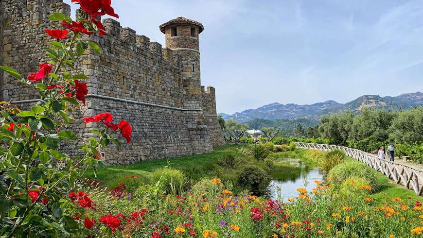 The walls of Castello di Amorosa next to a flower bush, with a blue sky overhead, perfect weather for a weekend in Napa