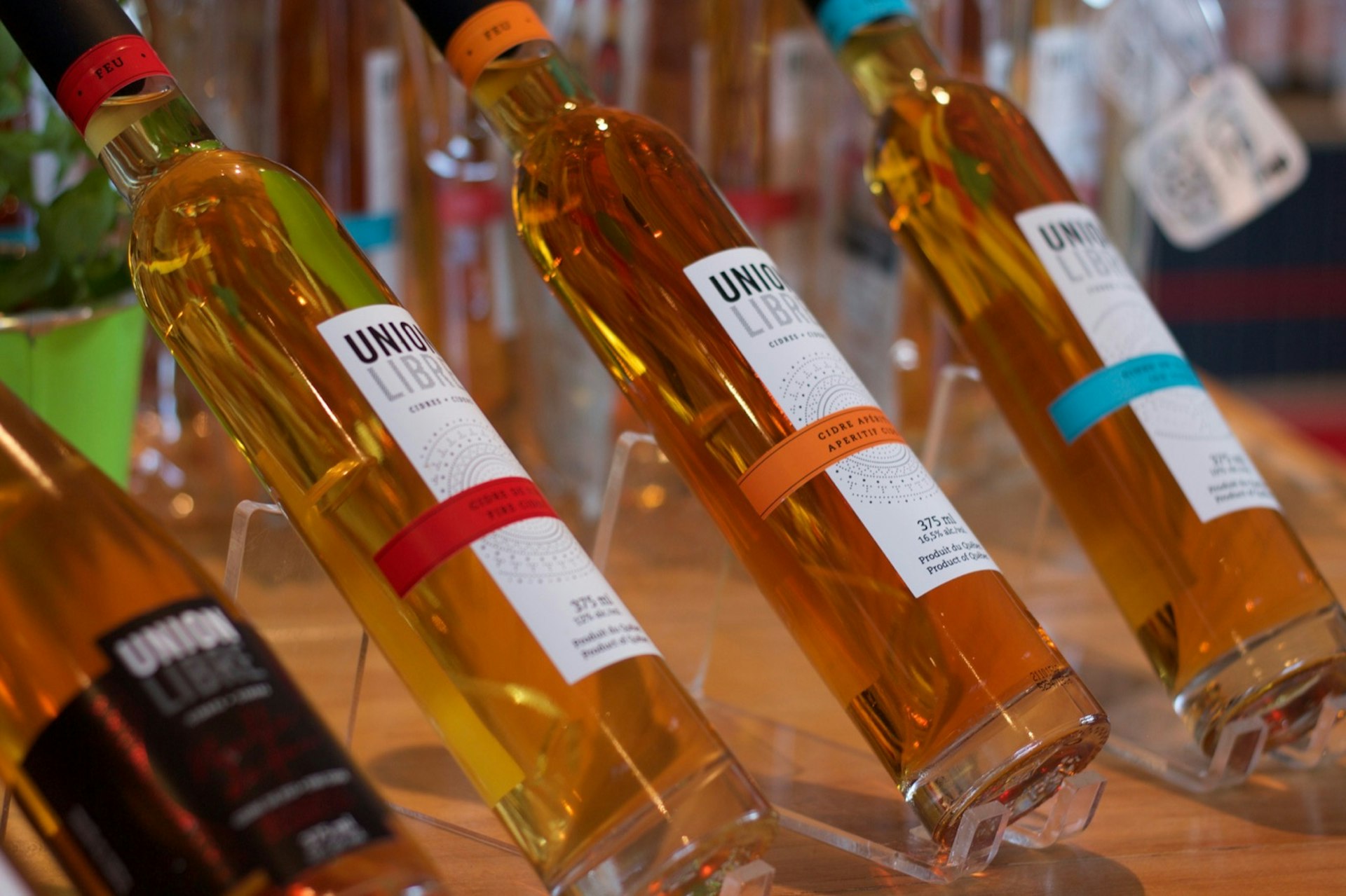 A row of tall, skinny bottles with fancy labels are artfully angled, showing of the golden liquid inside. Best day trips from Montréal