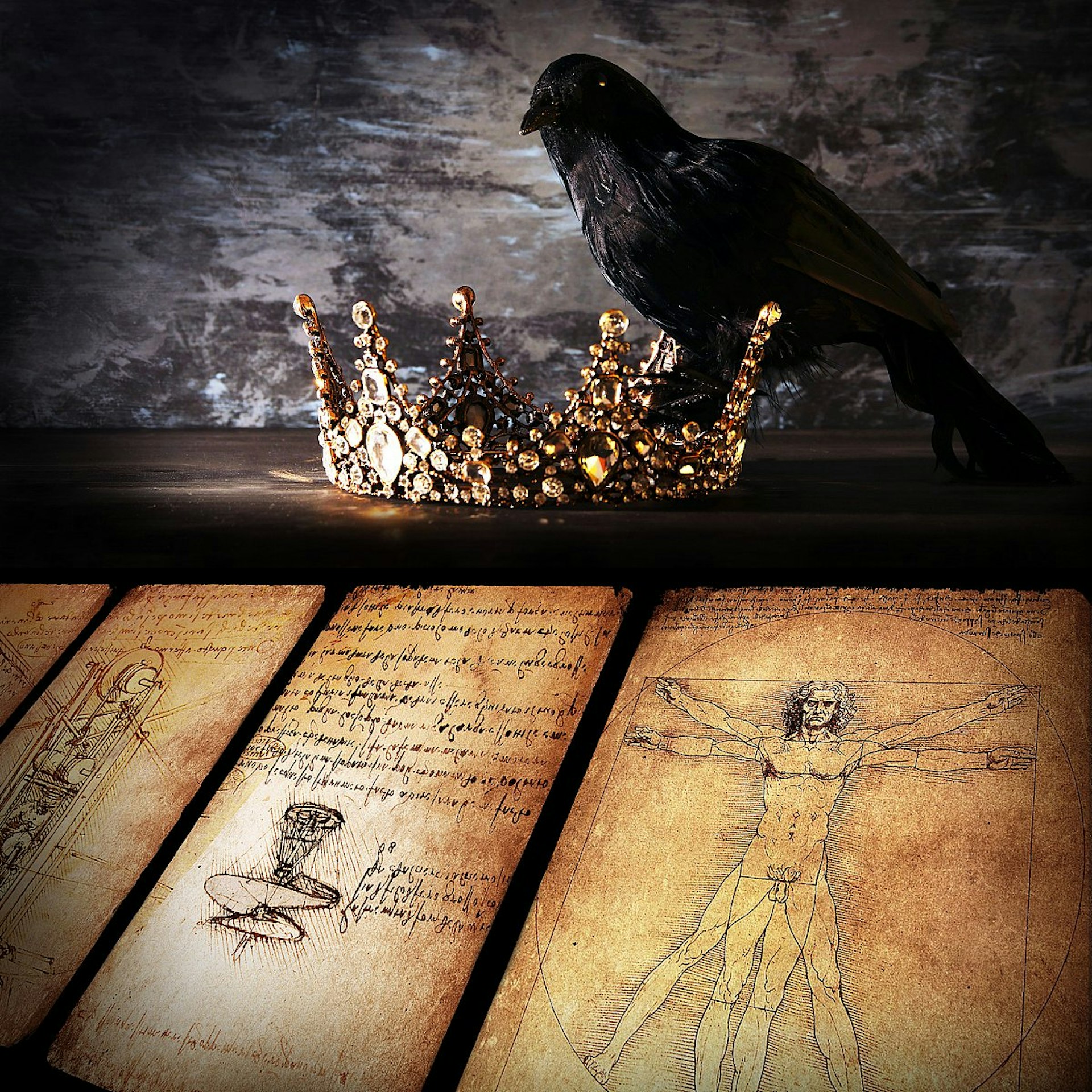 In the upper half of the photo, a huge black crow sits next to a bejewelled gold crown; the lower half shows a replica of a medieval-style parchment covered in faux-scientific diagrams and a cursive script.