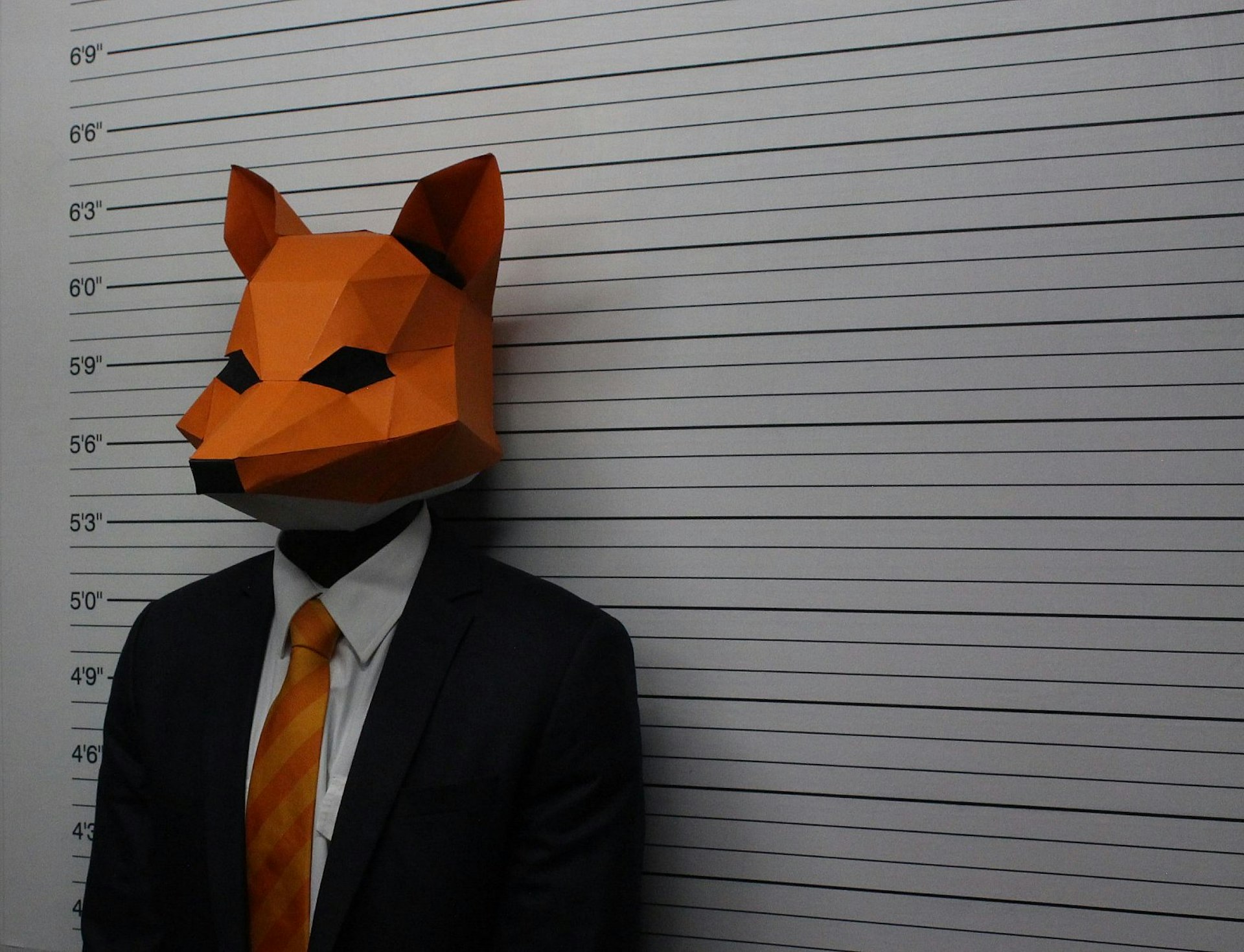 A person in a suit with a cardboard fox's head covering their own stands in front of a height chart as if in a police lineup.