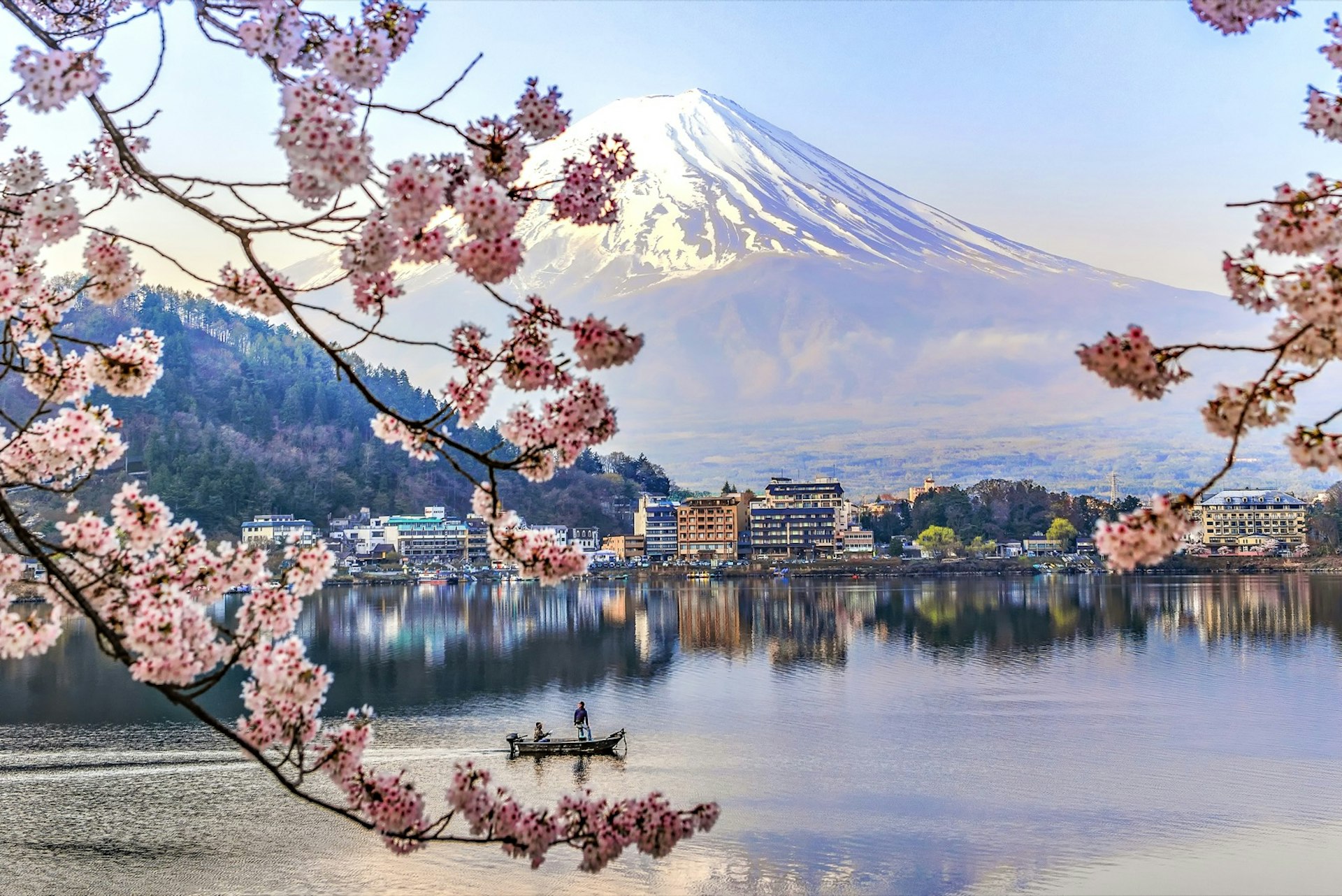 Snow capped Mt Fuji with a small village at its base framed by pink cherry blossoms