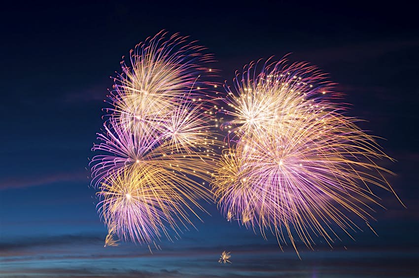 Features - Independence day firework display at night Pink and yellow fireworks against a dark blue sky; best fourth of july celebrations