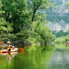 Kayakers on a river surrounded by green trees; summer escapes in the Southern US