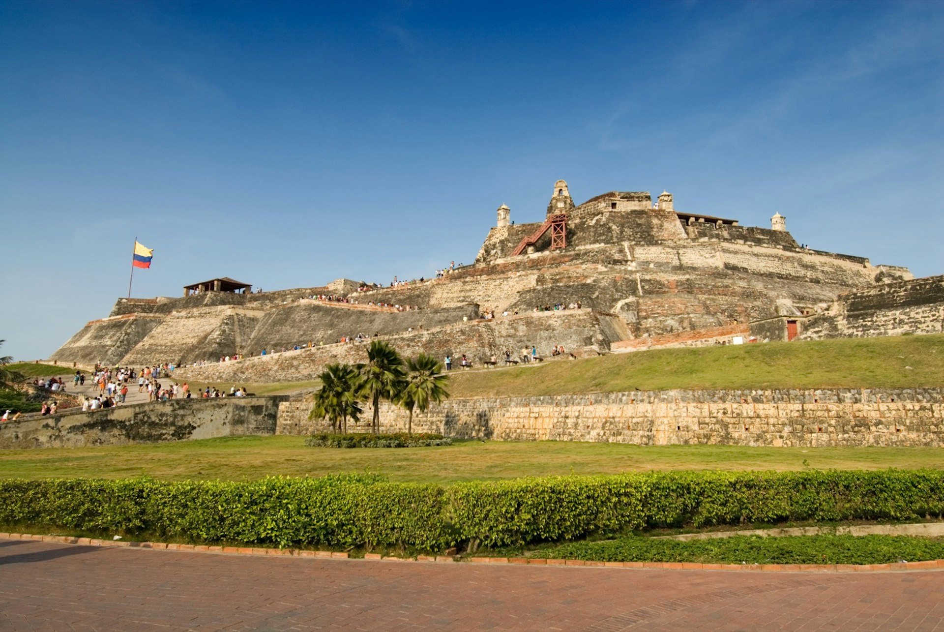 A blue sky over the remains of the Castillo San Felipe Fortress, a worthwhile stop during weekend in Cartagena 