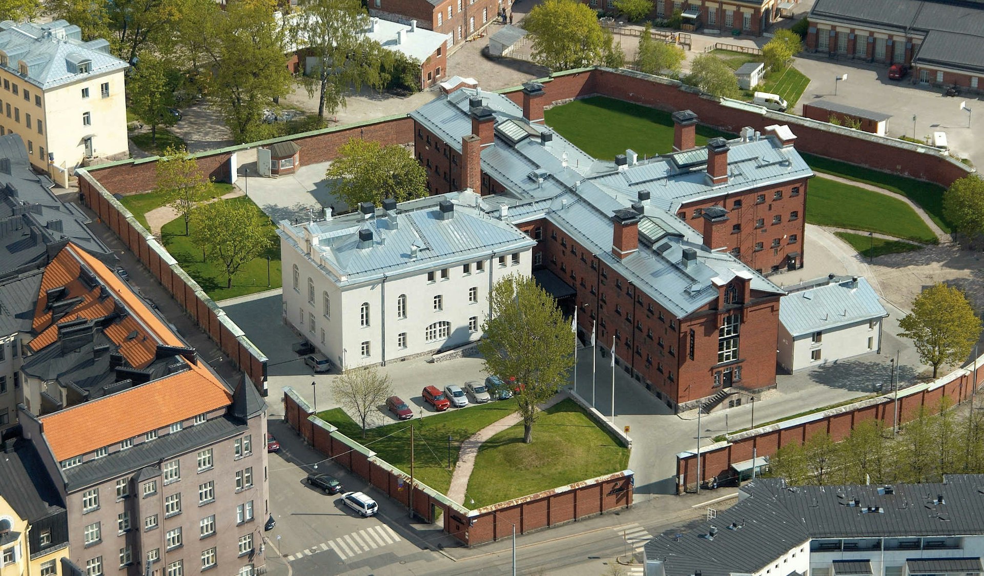 An aerial shot of a former prison that is now a hotel in Finland.