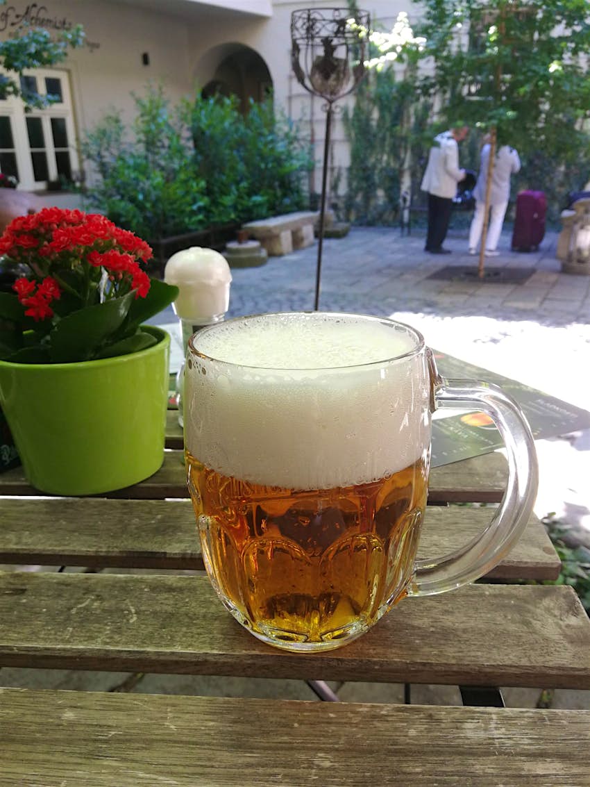 A pint of beer atop a picnic table in a pub garden. A pot of flowers sits behind the glass and two people are standing on the other side of the courtyard.
