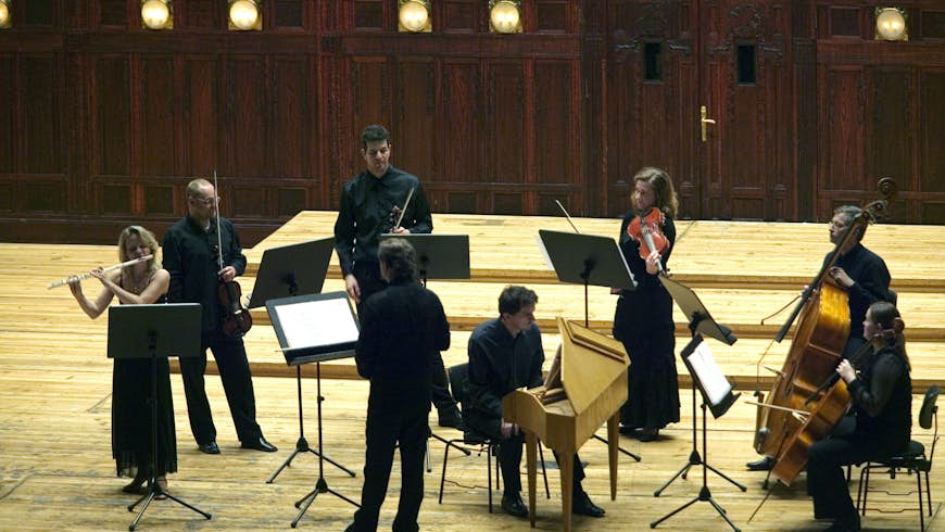 Eight classical musicians, playing flutes, cellos and violins, stand on a wooden stage