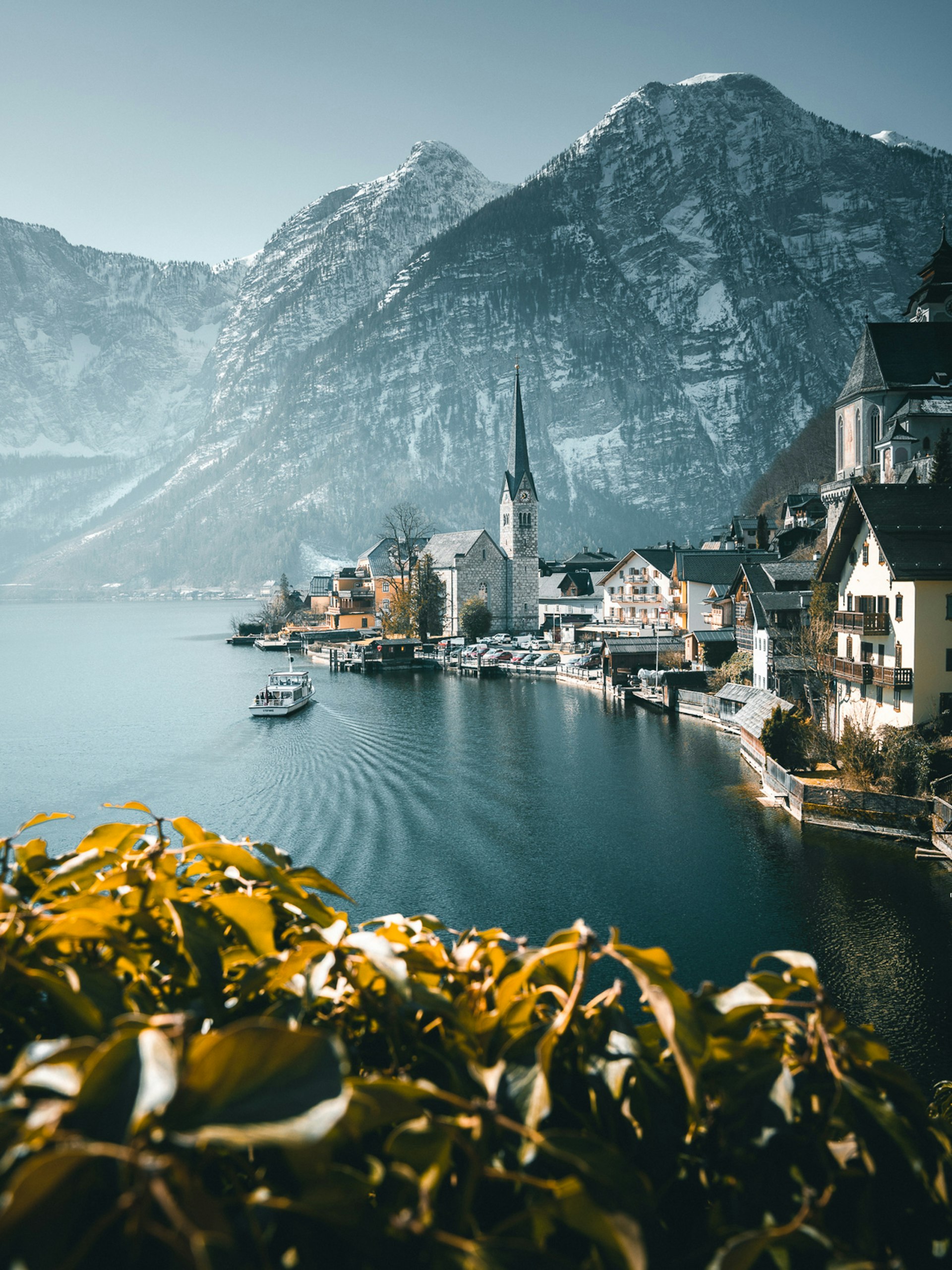 Hallstatt in Austria in winter; a picturesque town sits on the edge of a lake; there is a church with a spire and a boat sailing across the lake towards it. In the foreground is a yellow-tinged bush and in the background, dramatic snow-covered mountains.