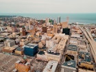 Aerial of Milwaukee skyline with Lake Michigan in the background; Midwest travel ideas