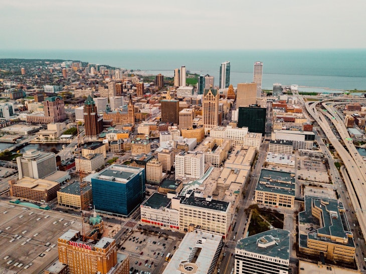 Aerial of Milwaukee skyline with Lake Michigan in the background; Midwest travel ideas