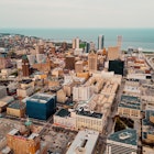Aerial of Milwaukee skyline with Lake Michigan in the background; Midwest travel ideas