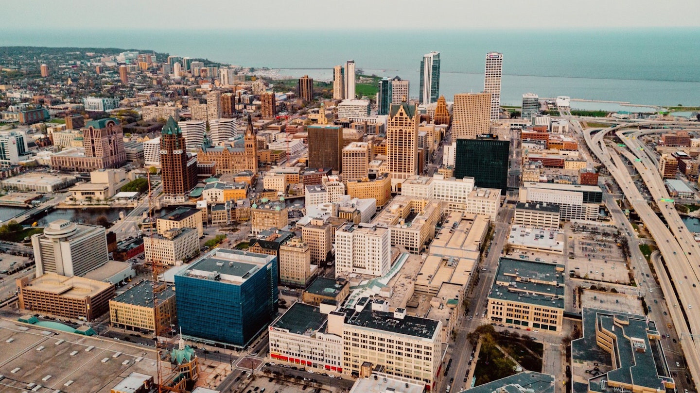 Aerial of Milwaukee skyline with Lake Michigan in the background; Midwest travel ideas
