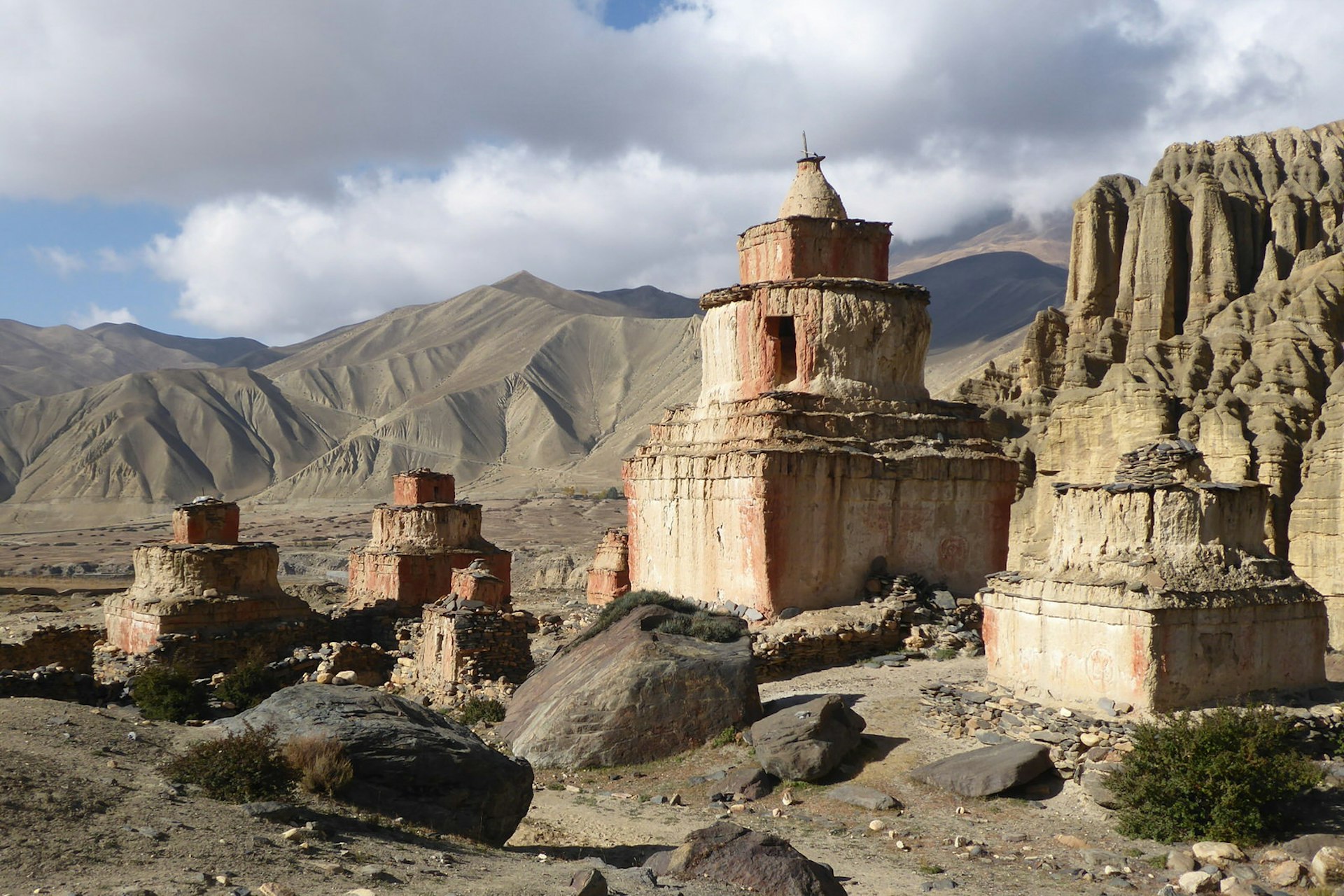 Ancient chortens marking the old salt trade route through Mustang