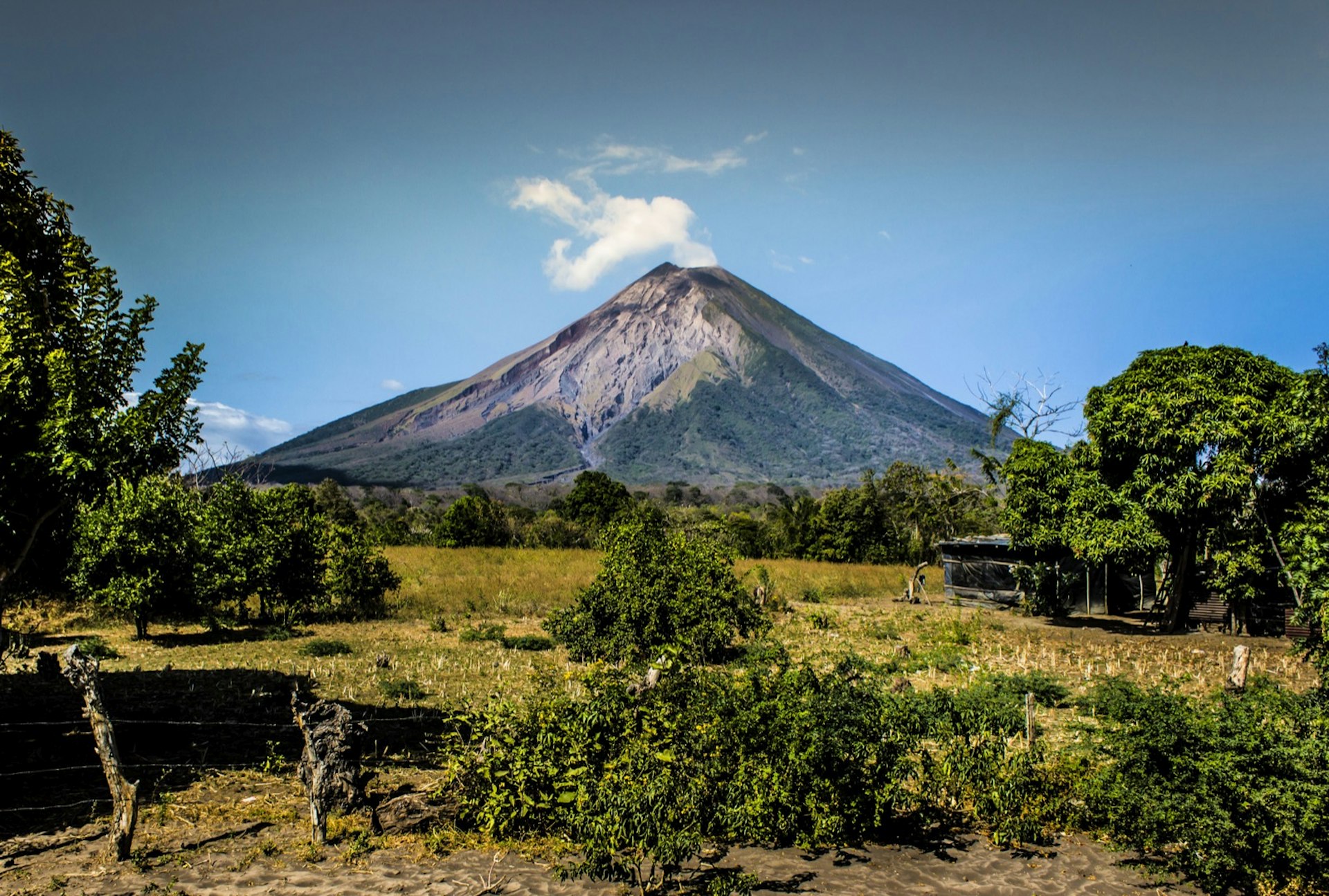 A white plume of smoke escapes from the top a mountain. In front of the mountain is a collection of low-lying shrubs with larger trees framing the sides of the image. Nicaragua travel is still an area of concern for potential visitors. 